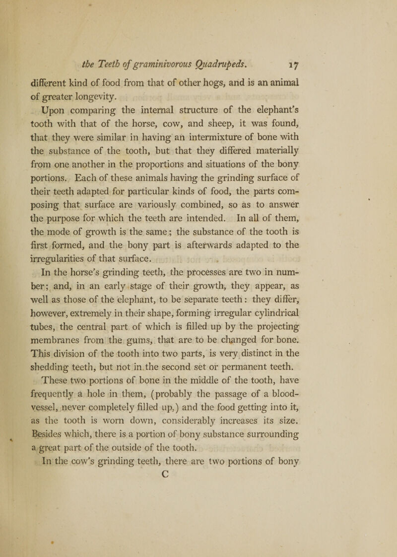 different kind of food from that of other hogs, and is an animal of greater longevity. Upon comparing the internal structure of the elephant's tooth with that of the horse, cow, and sheep, it was found, that they were similar in having an intermixture of bone with the substance of the tooth, but that they differed materially from one another in the proportions and situations of the bony portions. Each of these animals having the grinding surface of their teeth adapted for particular kinds of food, the parts com¬ posing that surface are variously combined, so as to answer the purpose for which the teeth are intended. In all of them, the mode of growth is the same; the substance of the tooth is first formed, and the bony part is afterwards adapted to the irregularities of that surface. In the horse's grinding teeth, the processes are two in num¬ ber; and, in an early stage of their growth, they appear, as well as those of the elephant, to be separate teeth: they differ, however, extremely in their shape, forming irregular cylindrical tubes, the central part of which is filled up by the projecting membranes from the gums, that are to be changed for bone. This division of the tooth into two parts, is very distinct in the shedding teeth, but not in the second set or permanent teeth. These two portions of bone in the middle of the tooth, have frequently a hole in them, (probably the passage of a blood¬ vessel, never completely filled up,) and the food getting into it, as the tooth is worn down, considerably increases its size. Besides which, there is a portion of bony substance surrounding a great part of the outside of the tooth. In the cow's grinding teeth, there are two portions of bony C
