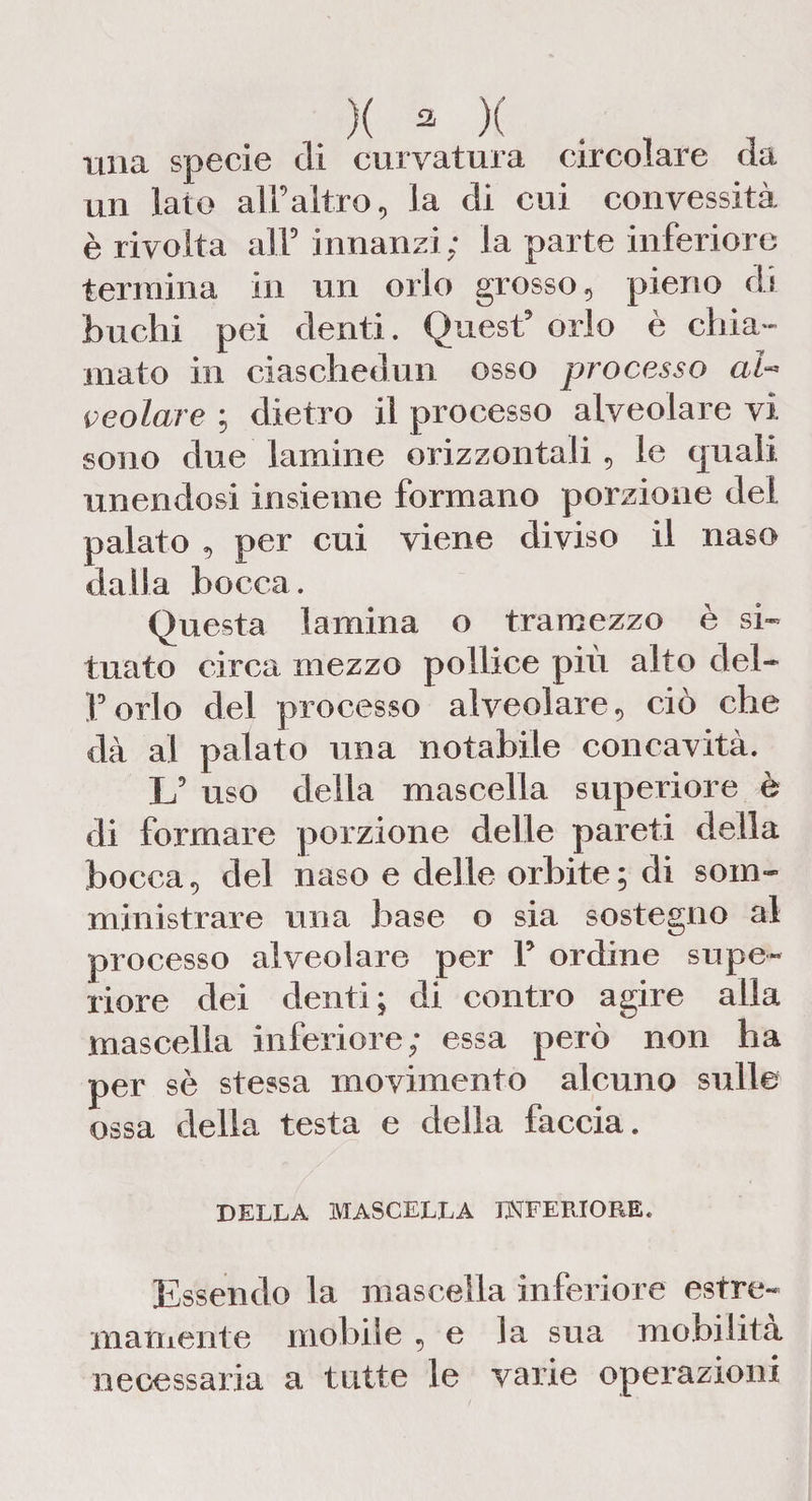 una specie eli curvatura circolare da un lato all’altro, la eli cui convessità è rivolta all5 innanzi ; la parte inferiore terraina in un orlo grosso, pieno di buchi pei denti. Quest5 orlo è chia¬ mato in ciaschedun osso processo al- veolare ; dietro il processo alveolare vi sono due lamine orizzontali, le quali unendosi insieme formano porzione del palato ^ per cui viene diviso il naso dalla bocca. Questa lamina o tramezzo è si¬ tuato circa mezzo pollice più alto del- Y orlo del processo alveolare, ciò che dà al palato una notabile concavità. L5 uso della mascella superiore è di formare porzione delle pareti della bocca, del naso e delle orbite; di som¬ ministrare una base o sia sostegno al processo alveolare per P ordine supe¬ riore dei denti; di contro agire alla mascella inferiore; essa però non ha per se stessa movimento alcuno sulle ossa della testa e della faccia. DELLA MASCELLA INFERIORE. Essendo la mascella inferiore estre¬ mamente mobile , e la sua mobilita necessaria a tutte le varie operazioni