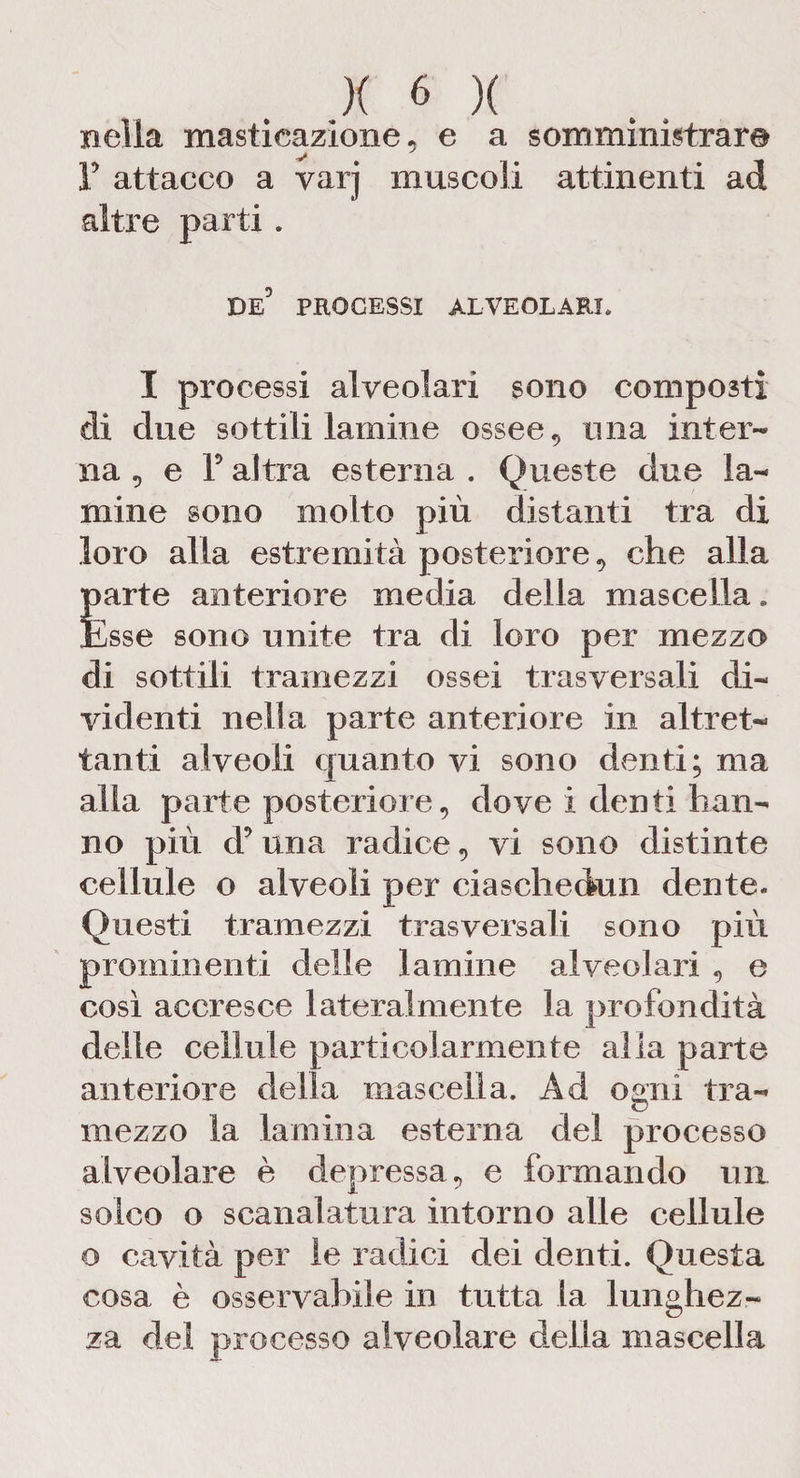 nella masticazione , e a somministrar© F attacco a varj muscoli attinenti ad altre parti . DE5 PROCESSI ALVEOLARE I processi alveolari sono composti di due sottili lamine ossee9 una inter¬ na , e F altra esterna . Queste due la¬ mine sono molto più distanti tra di loro alla estremità posteriore , che alla parte anteriore media della mascella. Esse sono unite tra di loro per mezzo di sottili tramezzi ossei trasversali di¬ videnti nella parte anteriore in altret¬ tanti alveoli quanto vi sono denti; ma alla parte posteriore, dove i denti han¬ no più d’una radice, vi sono distinte cellule o alveoli per ciaschedun dente. Questi tramezzi trasversali sono più prominenti delle lamine alveolari , e così accresce lateralmente la profondità delle cellule particolarmente alla parte anteriore della mascella. Ad ogni tra¬ mezzo la lamina esterna del processo alveolare è depressa, e formando un solco o scanalatura intorno alle cellule o cavità per le radici dei denti. Questa cosa è osservabile in tutta la lunghez¬ za del processo alveolare della mascella