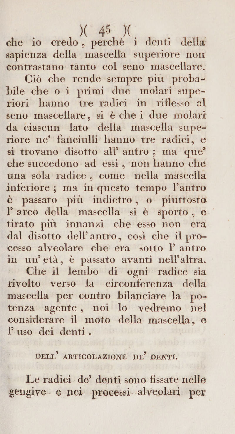 che io credo, perchè i denti della sapienza della mascella superiore non contrastano tanto col seno mascellare. Ciò che rende sempre piu proba¬ bile che o i primi due molari supe¬ riori hanno tre radici in riflesso al seno mascellare, si è che i due molari da ciascun lato della mascella supe¬ riore ne9 fanciulli hanno tre radici, e si trovano disotto ali5 antro ; ma ques che succedono ad essi, non hanno che una sola radice , come nella mascella inferiore ; ma in questo tempo l’antro è passato più indietro, o piuttosto F ateo della mascella si è sporto , e tirato più innanzi che esso non era dal disotto dell’antro, così che il pro¬ cesso alveolare che era sotto F antro in un’ età, è passato avanti nell’altra* Che il lembo di ogni radice sia rivolto verso la circonferenza della mascella per contro bilanciare la po¬ tenza agente , noi lo vedremo nel considerare il moto della mascella, e F uso dei denti . dell’ articolazione de’ denti. Le radici de’ denti sono fissate nelle gengive e nei processi alveolari per