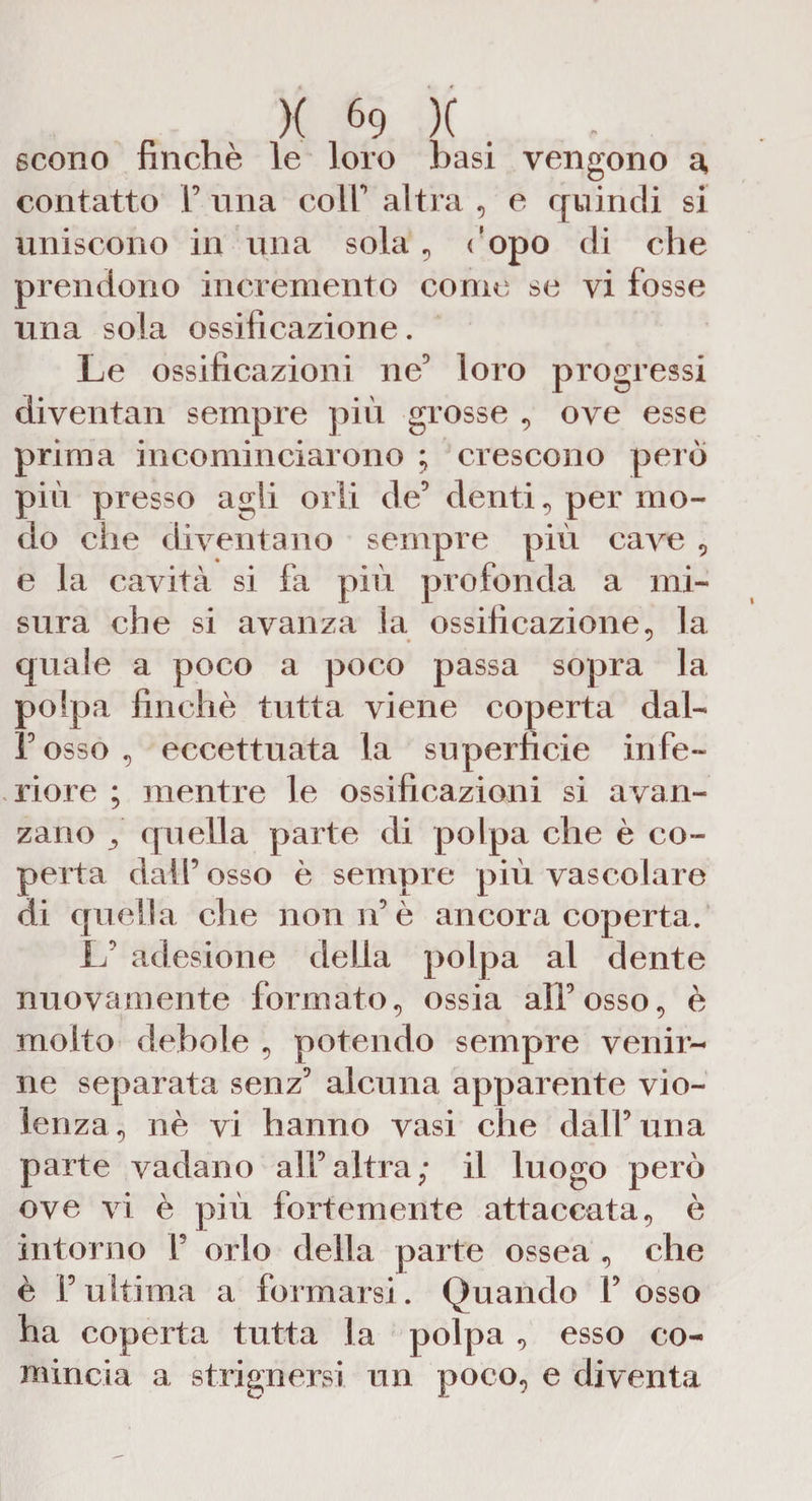 scono finché le loro basi vengono a, contatto F una coir altra , e quindi si uniscono in una sola, dopo di che prendono incremento come se vi fosse una sola ossificazione. Le ossificazioni ne9 loro progressi diventai! sempre più grosse , ove esse prima incominciarono ; crescono però più presso agli orli de5 denti, per mo¬ do die diventano sempre più cave , e la cavità si fa più profonda a mi¬ sura che si avanza la ossificazione, la quale a poco a poco passa sopra la polpa finché tutta viene coperta dal-* Fosso, eccettuata la superficie infe¬ riore ; mentre le ossificazioni si avan¬ zano f quella parte di polpa che è co¬ perta dall’ osso é sempre più vascolare di quella che non n’ è ancora coperta. L’ adesione delia polpa al dente nuovamente formato, ossia all’osso, è molto debole , potendo sempre venir¬ ne separata senz’ alcuna apparente vio¬ lenza, nè vi hanno vasi che dall’una parte vadano all’altra; il luogo però ove vi è più fortemente attaccata, è intorno F orlo della parte ossea , che è l’ultima a formarsi. Quando Fosso ha coperta tutta la polpa , esso co¬ mincia a strignersi un poco, e diventa
