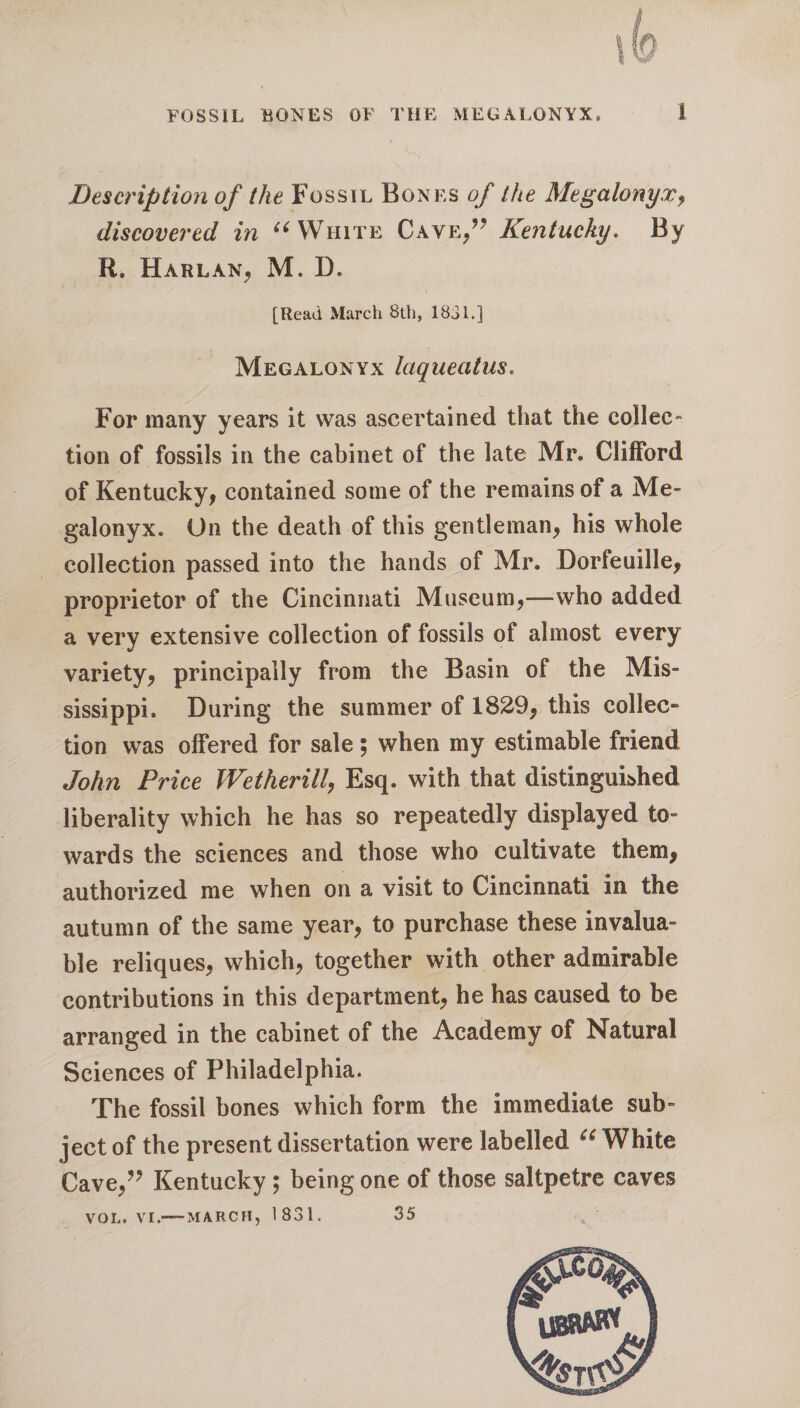 FOSSIL BONES OF THE MEGALONYX. ! Description of the Fossil Bones of the Megalonyx, discovered in u White Cave,” Kentucky. By R. Harlan, M. D. [Read March 8th, 1831,] Megalonyx laqueatus. For many years it was ascertained that the collec¬ tion of fossils in the cabinet of the late Mr. Clifford of Kentucky, contained some of the remains of a Me¬ galonyx. On the death of this gentleman, his whole collection passed into the hands of Mr. Dorfeuille, proprietor of the Cincinnati Museum,—-who added a very extensive collection of fossils of almost every variety, principally from the Basin of the Mis¬ sissippi. During the summer of 1829, this collec¬ tion was offered for sale; when my estimable friend John Price Wet her ill, Esq. with that distinguished liberality which he has so repeatedly displayed to¬ wards the sciences and those who cultivate them, authorized me when on a visit to Cincinnati in the autumn of the same year, to purchase these invalua¬ ble reliques, which, together with other admirable contributions in this department, he has caused to be arranged in the cabinet of the Academy of Natural Sciences of Philadelphia. The fossil bones which form the immediate sub- ject of the present dissertation were labelled a White Cave,” Kentucky; being one of those saltpetre caves VOL. VI.-MARCH, 1831. 35