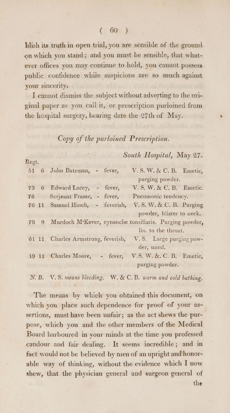 blish its truth in open trial, you are sensible of the ground on which you stand; and you must be sensible, that what¬ ever offices you may continue to hold, you cannot possess public confidence while suspicions are so much against your sincerity. I cannot dismiss the subject without adverting to the ori¬ ginal paper as you call it, or prescription purloined from the hospital surgery, bearing date the 27th of May. Copy of the purloined Prescription. South Hospital, May 27- Regt. 51 6 John Bateman, - fever, V. S. W. &amp; C. B. Emetic, 73 6 Edward Lacey, fever, purging powder. V. S. W. &amp; C. B. Emetic. 76 Serjeant Frazer, - fever, Pneumonic tendency. J 76 11 Samuel Hinch, feverish, V. S. W. &amp; C. B. Purging powder, blister to neck. 73 9 Murdoch M‘Kever, cynanche tonsillaris. Purging powder, lin. to the throat. 61 11. Charles Armstrong, feverish, V. S. Large purging pow¬ der, nasal. 19 11 Charles Moore, ^ fever, V.S. W. &amp;. C. B. Emetic, purging powder. N. B. V. S. means bleeding. W. &amp; C. B. warm and cold bathing. The means by which you obtained this document, on which you place such dependence for proof of your as¬ sertions, must have been unfair; as the act shews the pur¬ pose, which you and the other members of the Medical Board harboured in your minds at the time you professed candour and fair dealing. It seems incredible; and in fact would not be believed by men of an upright and honor¬ able way of thinking, without the evidence which I now shew, that the physician general and surgeon general of tht
