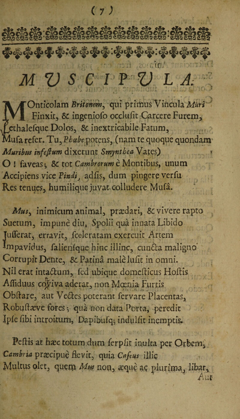 > ri > MOnticolam Britonem^ qui primus Vincula Muri', Finxit, &: ingeniofo occlufit Carcere Furem, lefque Dolos, &c inextricabile Fatum, , ,,, __ .refer. Tu, Phasbe potens, (nam te quoque quondam Muribus infefium dixerunt StnyntheaWates) i O l faveas^ tot Cambrorum e Montibus, unum Accipiens vice PindiJ adfc, dum pingere verfu Res tenues, humilique juvat colludere Mufa. Mus, inimicum animal, prardari, 8c vivere rapto Suetum, impune diu, Spolii qua innata Libido Jufferat, erravit, fceleratam exercuit Artem impavidus, falienfque hinc illinc, eunda maligno* Corrupit Dente, Sc Patina maleluilt in omni. Nil erat intadum, fcd ubique domefticus Hoffcis P A Affiduus coyiva aderat, non Moenia Furtis Obftare, aut Vedes poterant fer vare Placentas, Robijftarve fores*, qua non data Porta, peredit Ipfe fibi introitum, Dapibufq^ indulfit inemptis. Peffis at hxc totum dum ferpflt inulta per Orbem, Cambria praecipue flevit, quia Cafeus illic JvJultus olet, quer$ Mt$ non, &que ac plurima, libat, Aui W