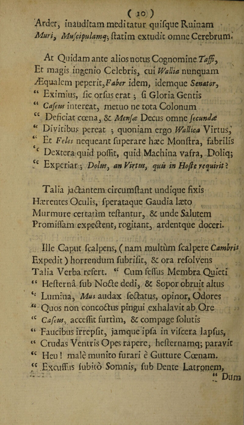 ( xp ) Ardet, inauditam meditatur quifque Ruinam Murii Mn/cipulamf, ftatim extudit omne Cerebrum*’ ' ^ At Quidam ante alios notus Cognomine Taffi, Et magis ingenio Celebris* cui WaUia nunquam -Aqualem peperit^Faber idem, idemque Senator* “ Eximius, fic orfus erat *, fi Gloria Gentis “ Cafeus intereat* metuo ne tota Colonum u Deficiat ccena* 3c Menja Decus omne fecunda “ Divitibus pereat $ quoniam ergo Wallica Virtus*1 ‘ Et Feks nequeant fuperare haec Monftra, fabrilis c Dextera quid poffit, quid Machina vafra, Doliq; *c Experiar-, Dolus* anVirttfs> quis in Hofle requirit £ Tai ia ja&antem circumflant undique fixis Haerentes Oculis, fperataque Gaudia \xto Murmure certatim teftantur* Sc unde Salutem Promiffam expe&ent, rogitant* ardentque doceri. Ille Caput fcalpens, ( nam multum fcalpere Cambri* Expedit) horrendum fubrifit, &: ora refolvens Talia Verba refert. ‘f Cumfeffus Membra Quieti ct Hefterna fub Nofte dedi* & Sopor obruit altus Lumina* Mus audax fecbatus, opinor. Odores Quos non conco&us pingui exhalavit ab Ore <c CafiuS) acceffit furtim, &: compage folutis “ Faucibus irrepfit* jamque ipfa in vifcera lapfus, “ Crudas Ventris Opes rapere, hefternamq; paravit <c Heu 1 male munito furari e Gutture Coenam. ** Excufflis itibito Somnis, fub Dente Latrpnem,