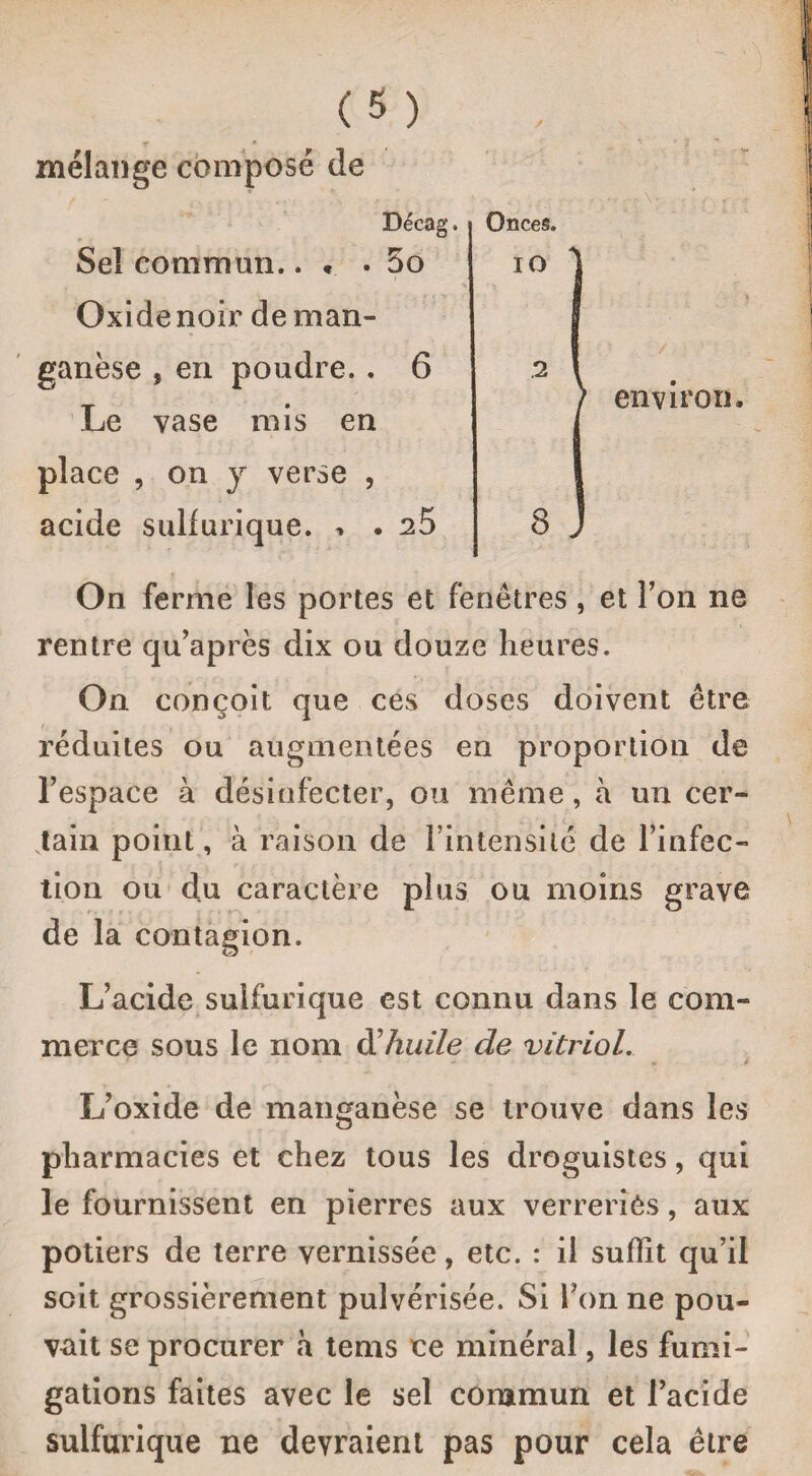 mélange composé de Décag. Onces. gancse , en poudre.. 6 2 Le vase mis en place , on y verse , acide sulfurique. * . 25 8 Sel commun.. « . 5o 10 Oxide noir deman- environ. On ferme les portes et fenêtres, et l’on ne rentre qu’après dix ou douze heures. On conçoit que ces doses doivent être réduites ou augmentées en proportion de l’espace à désinfecter, ou même, à un cer¬ tain point, à raison de l’intensité de l’infec¬ tion ou du caractère plus ou moins grave de la contagion. L’acide sulfurique est connu dans le com¬ merce sous le nom d’huile de vitriol. L’oxide de manganèse se trouve dans les pharmacies et chez tous les droguistes, qui le fournissent en pierres aux verreriés, aux potiers de terre vernissée, etc. : il suffit qu’il soit grossièrement pulvérisée. Si l’on ne pou¬ vait se procurer à tems ce minéral, les fumi¬ gations faites avec le sel commun et l’acide sulfurique ne devraient pas pour cela être