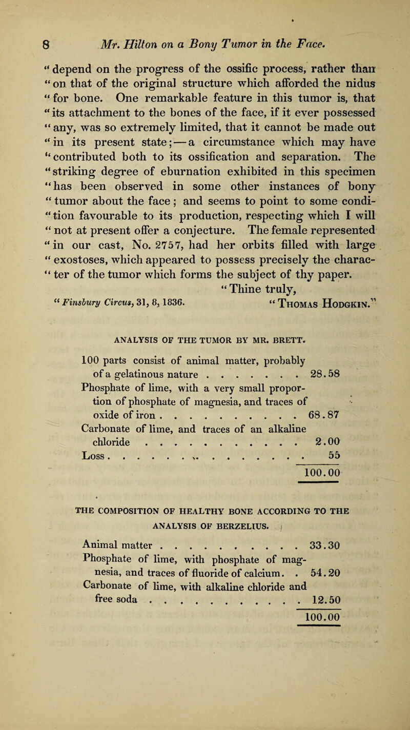 “ depend on the progress of the ossific process, rather than “ on that of the original structure which afforded the nidus “ for bone. One remarkable feature in this tumor is, that “ its attachment to the bones of the face, if it ever possessed “any, was so extremely limited, that it cannot be made out “ in its present state; — a circumstance which may have “contributed both to its ossification and separation. The “striking degree of eburnation exhibited in this specimen “has been observed in some other instances of bony “ tumor about the face ; and seems to point to some condi- “ tion favourable to its production, respecting which I will “ not at present offer a conjecture. The female represented “in our cast, No. 2757, had her orbits filled with large “ exostoses, which appeared to possess precisely the charac- “ ter of the tumor which forms the subject of thy paper. “ Thine truly, “ Finsbury Circus, 31, 8, 1836. “ ThOMAS HODGKIN.” ANALYSIS OF THE TUMOR BY MR. BRETT. 100 parts consist of animal matter, probably of a gelatinous nature.28.58 Phosphate of lime, with a very small propor¬ tion of phosphate of magnesia, and traces of oxide of iron.68.87 Carbonate of lime, and traces of an alkaline chloride.2.00 Loss. 55 100.00 THE COMPOSITION OF HEALTHY BONE ACCORDING TO THE ANALYSIS OF BERZELIUS. f Animal matter.33.30 Phosphate of lime, with phosphate of mag¬ nesia, and traces of fluoride of calcium. . 54.20 Carbonate of lime, with alkaline chloride and free soda.12.50 100.00