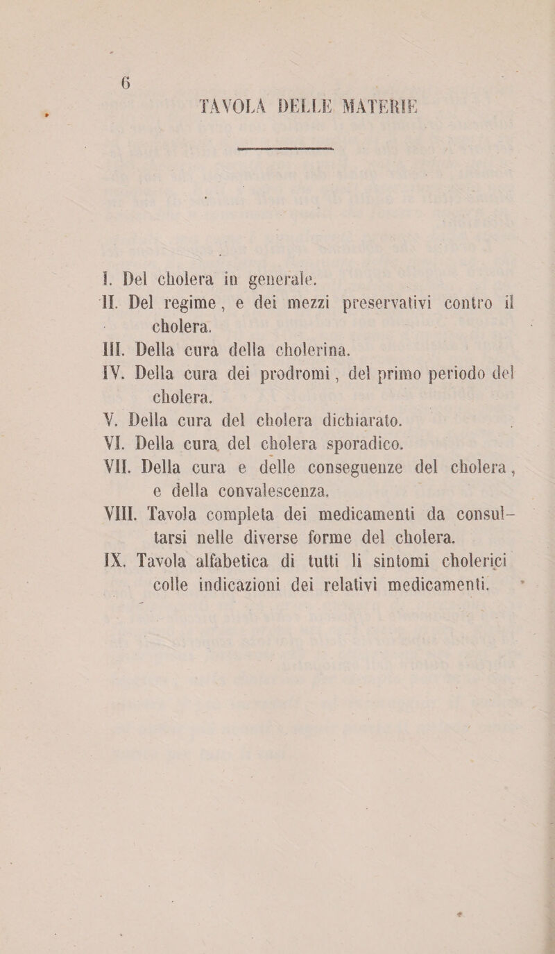 TAVOLA DELLE MATERIE I. Del eliderà in generale. IL Del regime, e dei mezzi preservativi contro il cholera. ili. Della cura della cholerina. IY. Della cura dei prodromi, del primo periodo del eliderà. Y. Della cura del cholera dichiarato. VI. Della cura del cholera sporadico. VII. Della cura e delle conseguenze del cholera, e della convalescenza. Vili. Tavola completa dei medicamenti da consul¬ tarsi nelle diverse forme dei cholera. IX. Tavola alfabetica di tutti li sintomi cholerici colle indicazioni dei relativi medicamenti.