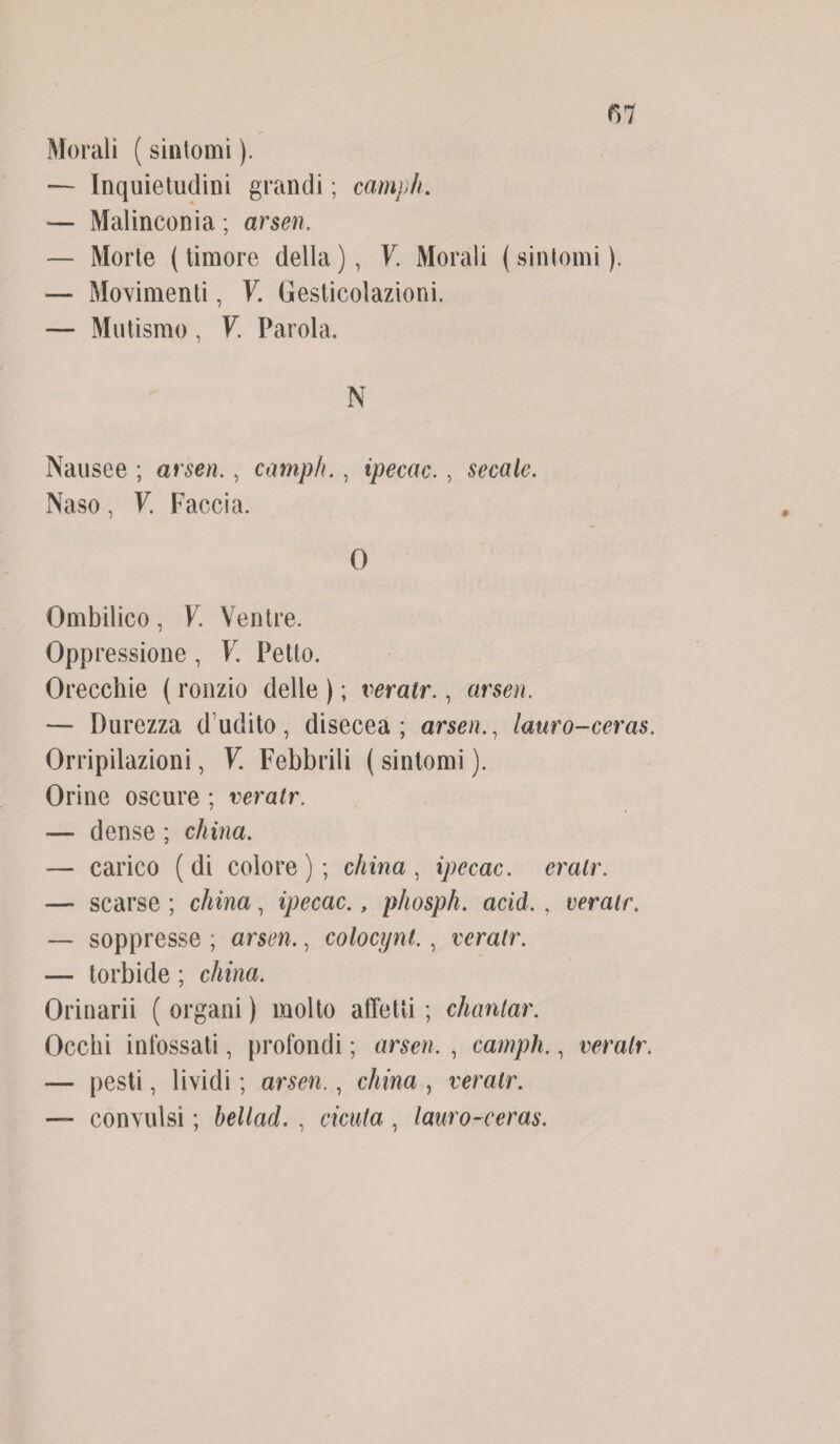 Morali ( sintomi ). — Inquietudini grandi ; campii. — Malinconia ; arseti, — Morte (timore della), V. Morali (sintomi). — Movimenti, V. Gesticolazioni. — Mutismo, V. Parola. N Nausee ; arseti., campii., ipecac., secale. Naso, V. Faccia. 0 Ombilico, V. Ventre. Oppressione , V. Petto. Orecchie ( ronzio delle ) ; veratr., arseti. — Durezza d udito, disecea ; arseti., lauro-ceras. Orripilazioni, V. Febbrili ( sintomi ). Orine oscure ; veratr. — dense ; china. — carico ( di colore ) ; china , ipecac. eralr. — scarse ; china, ipecac., phosph. acid. , veratr. — soppresse ; arsen., colocynt. , veratr. — torbide ; china. Orinarli ( organi ) molto affetti ; chantar. Occhi infossati, profondi ; arseti, , campii., veratr. — pesti, lividi ; arsen., china , veratr. — convulsi ; bellad. , cicuta , lauro-ceras.
