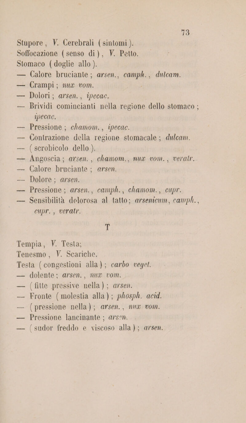 Stupore, V. Cerebrali (sintomi). Soffocazione ( senso di ), V. Petto. Stomaco ( doglie allo ). — Calore bruciante; arsen., campii., dulcam. — Crampi ; nux vom. — Dolori ; arsen., ipecac. — Brividi cominciami nella regione dello stomaco ; ipecac. — Pressione ; chamorn.. ipecac. — Contrazione della regione stomacale ; dulcam, — ( scrobicolo dello ). — Angoscia; arsen., chamorn., nux vom., veralr. —- Calore bruciante ; arsen. — Dolore ; arsen. — Pressione ; arseti., campii., chamorn,, cupr. — Sensibilità dolorosa al tatto; arsenicum, campii., cupr., veratr. T Tempia, V. Testa; Tenesmo , V. Scariche. Testa ( congestioni alla ) ; carho vegd, — dolente ; arsen., nux vom. — ( fitte pressive nella ) ; arseti. — Fronte (molestia alla); phospli. acid. — ( pressione nella ) ; arsen., nux vom. — Pressione lancinante ; arsnn. — ( sudor freddo e viscoso alla ) ; arsen.
