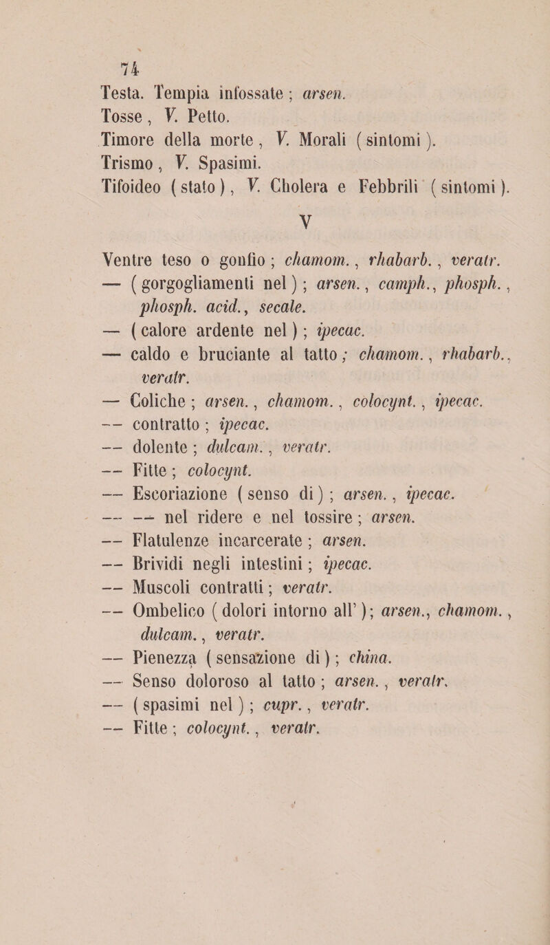 Testa. Tempia infossate ; arseti. Tosse, V. Petto. Timore della morte , V. Morali ( sintomi ). Trismo, V. Spasimi. Tifoideo ( stato ), V. Cholera e Febbrili ( sintomi ). V Ventre teso o gonfio ; chamom., rhabarb., veratr. — ( gorgogliamenti nel ) ; arsen., camph., phosph., phosph. acid., secale. — ( calore ardente nel ) ; ipecac. — caldo e bruciante al tatto; cliamom., rhabarb veratr. — Coliche ; arsen., chamom., colocynt., ipecac. — contratto ; ipecac. — dolente ; dulcam., veratr. -- Fitte ; colocynt. — Escoriazione ( senso di ) ; arsen., ipecac. — —- nel ridere e nel tossire ; arsen. — Flatulenze incarcerate ; arsen. — Brividi negli intestini ; ipecac. — Muscoli contratti ; veratr. — Ombelico (dolori intorno all’ ); arsen., chamom., dulcam., veratr. — Pienezza ( sensazione di ) ; china, — Senso doloroso al tatto ; arsen,, veratr. — ( spasimi nel ) ; cupr., veratr. — Fitte ; colocynt,, veratr.