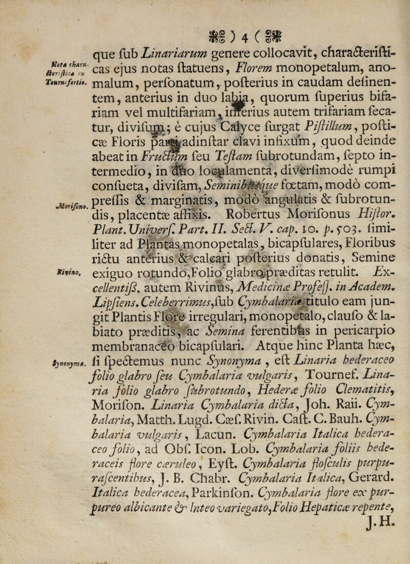 Nera (hara Her‘jik* ex Ttmnifoith. «Motifom. Rivina, Synonyma. ) 4 ( que fub Linariarum genere collocavit, chara&eriftl- cas ejus notas ftatuens, Florem monopetalum, ano- malum, perfonatum, pofterius in caudam delinen¬ tem, anterius in duo labia, quorum fuperius bifa¬ riam vel multifariam % iriTerius autem trifariam feca- tur, divifum; e cujus Calyce furgat Pijlillum, pofti- cse Floris pai^adinftar clavi infixum, quod deinde abeat in FruBum feu Tejlam fuhrotundam, fepto in¬ termedio , in Mo loculamenta, diverlimode rumpi confueta, dtvifam, SeminibMsflue foetam, modo com- preffis & marginatis, modo angulatis & fubrotun- dis, placente affixis. Robertus Morifonus Hiftor. Piant.Univerf. Part♦ II. SeB. V. cap. io. p.$03. limi- liter ad Plantas monopetalas, bicapfulares, Floribus ri&u anterius calcari pofterius donatis, Semine exiguo rotundo,Folio*glabroprseditas retulit. Ex¬ cellenti)3. autem Sivinus, Afedicime PrqfejJ. inJcadem. Ligfiens* Celeberrimus,fub Cymbalaria. titulo eam jun¬ git Plantis Flore irregulari, monopetalo,claufo &la- biato proditis, ac Semina ferentibfe in pericarpio membranaceo bicapfulari. Atque hinc Planta haec, ii fpectemus nunc Synonyma , eft Unaria hederacea folio glabro feu Cymh alaria vulgaris, Tournef. Lina- ria folio glabro jhbrotundo, Hederae folio Clematitis, Morifon. Linaria Cymbalaria diBa, Joh. Raii. Cym- balaria, Matth. Lugd. Ccef. Rivin. Caft. C. Bauh. Cym¬ ba! ari a vulgaris, Lacun. Cymb alaria Italica hedera¬ ceo folio, ad Obf. Icon. Lob. Cymbolaria foliis hede¬ raceis flore caruleo, Eyft, Cymbalaria flofcuhs purpu- rafcentihus, J. B, Cliabr. Cymbalaria Italica, Gerard. Italica hederacea, Parkinfon. Cymbalaria flore ex pur¬ pureo albicante & Inteo variegato folio Hepatica repente, J. FL