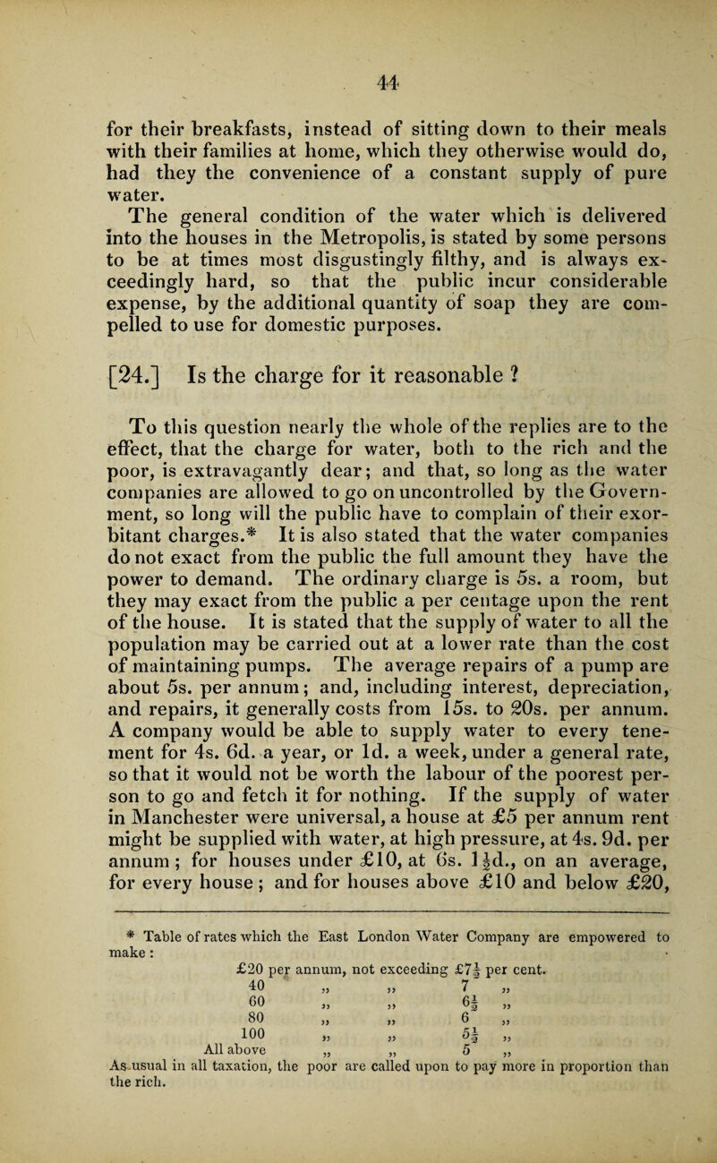 for their breakfasts, instead of sitting down to their meals with their families at home, which they otherwise would do, had they the convenience of a constant supply of pure water. The general condition of the water which is delivered into the houses in the Metropolis, is stated by some persons to be at times most disgustingly filthy, and is always ex¬ ceedingly hard, so that the public incur considerable expense, by the additional quantity of soap they are com¬ pelled to use for domestic purposes. [24.] Is the charge for it reasonable ? To this question nearly the whole of the replies are to the effect, that the charge for water, both to the rich and the poor, is extravagantly dear; and that, so long as the water companies are allowed to go on uncontrolled by the Govern¬ ment, so long will the public have to complain of their exor¬ bitant charges.* It is also stated that the water companies do not exact from the public the full amount they have the power to demand. The ordinary charge is 5s. a room, but they may exact from the public a per centage upon the rent of the house. It is stated that the supply of water to all the population may be carried out at a lower rate than the cost of maintaining pumps. The average repairs of a pump are about 5s. per annum; and, including interest, depreciation, and repairs, it generally costs from 15s. to 20s. per annum. A company would be able to supply water to every tene¬ ment for 4s. 6d. a year, or Id. a week, under a general rate, so that it would not be worth the labour of the poorest per¬ son to go and fetch it for nothing. If the supply of water in Manchester were universal, a house at £5 per annum rent might be supplied with water, at high pressure, at 4s. 9d. per annum; for houses under £10, at 6s. l|d., on an average, for every house; and for houses above £10 and below £20, * Table of rates which the East London Water Company are empowered to make : £20 per annum , not exceeding £7k per cent. 40 33 33 7~ 33 60 i) 33 33 80 33 33 6 33 100 33 33 5| 33 All above 33 35 5 33 As usual in all taxation, the poor are called upon to pay more in proportion than the rich.