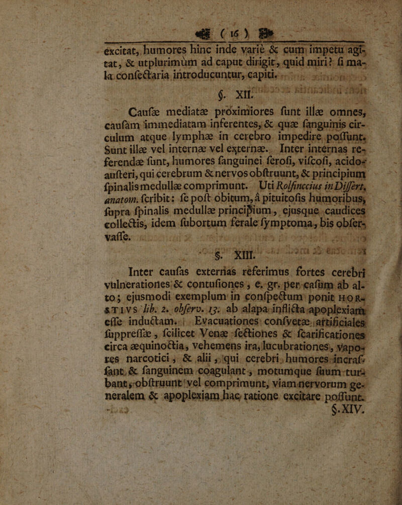 s Cuni mediata. B dali funt cim im ámmediatam inferentes, &amp;c qui o atque lympha ín c rebro.. mp EY Sunt illae vel i internae - vel exi terne [ni er intern E. Hiis fcrendae funt, humores fanguinei. ferofi, vifcofi, acidos aufteri, qui cerebrum &amp; nervosobftraur. fpinalis medullae comprimunt. - Uti Ro/fineci anatoin, fcribit: fe poft: obitur , 4 pituitofis hum fupra fpinalis medullae principium, ejusque .ca lectis, idem fübortum ferale fym on a; bis DUNT ago mns uicta : nter un exteras. xeferimus. fortes. ce vülnerationes;&amp; contufion 15 » 6. gr. pe ren n to5 ejusmodi ex Im ptI it in sonfpsé ü 3 &amp;TAVS Lb. 2. celfero, 13: ba P indic . effe inductam..| .Evact füppreffe , fcilicet V fe&amp;iones &amp; fcarific eirca aequino&amp;tia; vehemens i ira; lacubrationes tes DAeRUGHN Sd bo) siqui. cerebri. hui