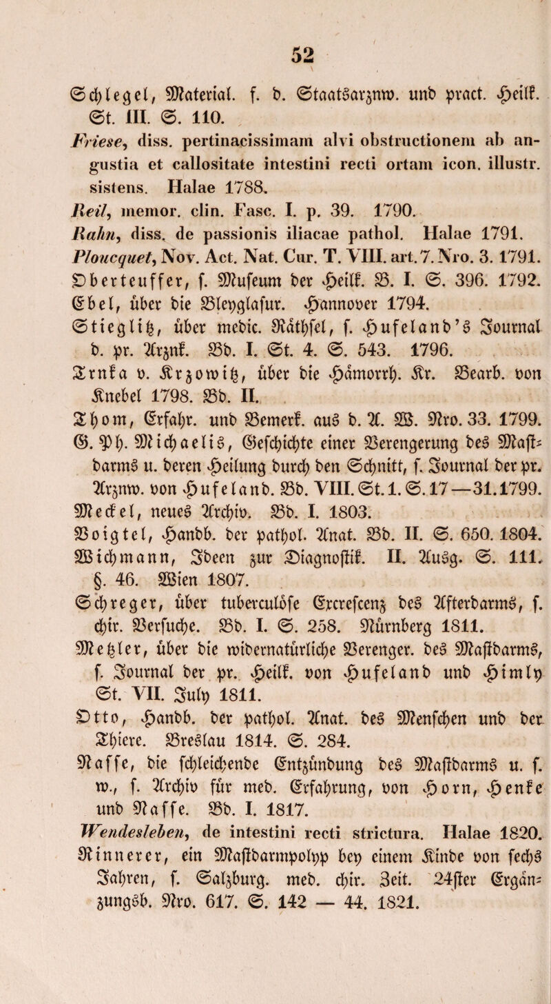 ©djjlegel, Material f. b. ©taataargnw. unb pvact. v£)eilf. ©t. III. ©. HO. Friese, diss. pertinacissimam alvi obstructionem ab an- gustia et callositate intestini recti ortam icon. illustr. sistens. Halae 1788. Reil, memor. clin. Fase. I. p. 39. 1790. Rahn, diss, de passionis iliacae pathol. Halae 1791. Ploucquet, Nov. Act. Nat. Cur. T. VIII. art.7. Nro. 3. 1791. £)b er teu ff er, f. Sftufeum ber £eilf. S. I. ©. 396. 1792. ©bei, über bie Slepglafur. d^annooer 1794. ©tieglib, über mebic. 9vdtl)fel, f. v£)ufelanb’a Journal b. pr. Xgnf. Sb. I. ©t. 4. ©. 543. 1796. £rnfa o. .fttgowi&, über bie v£)dmorrfy. $r. Searb. oon Knebel 1798. Sb. II. £ Ü o m, ©rfaljr. unb Semerf. aua b. X SB. 9?ro. 33. 1799. ©.3)1). Sftidjaelia, ©efd)id)te einer Serengerung bea barma u. beren Teilung burd; ben ©djnitt, f. Sournal ber pr. Xgnw. oon djufelanb. Sb. VIII.©t. 1. ©. 17—31.1799. Stted'el, neuea Xd)tö. Sb. I. 1803. Soigtel, £anbb. ber pat&ol. 2Cnat. Sb. II. ©. 650.1804. SB td) mann, Sbeen gur £)iagnojltf. II. Xtag. ©. 111. §. 46. SBien 1807. ©d) reg er, über tuberculofe ©rerefeeng bea 2(fterbarma, f. d)tr. Scrfud)c. Sb. I. ©. 258. Nürnberg 1811. WcfyUx, über bte «übernatürliche Serenger. bea Sttaffbarma, f. Sournal ber pr. £etlf. non dpufelanb unb $imlp ©t. VII. Sulp 1811. Otto, £anbb. ber patfyol. Xtat. bea Sttenfchen unb ber Spiere. Srealau 1814. ©. 284. 9? affe, bie fd)leid?enbe ©ntgünbung bea Sftajlbarma u. f. m., f. Xd)io für meb. ©tfatyrung, oon d^orn, ^enfe unb 9Uffe. Sb. I. 1817. Wendesieben, de intestini recti strictura. Halae 1820. ^innerer, ein Sftajtbarmpolpp bep einem Äinbe oon fecfya Sauren, f. ©algburg. meb. d)ir. Seit. 24fter ©rgam gungab. 9?ro. 617. ©. 142 — 44. 1821.