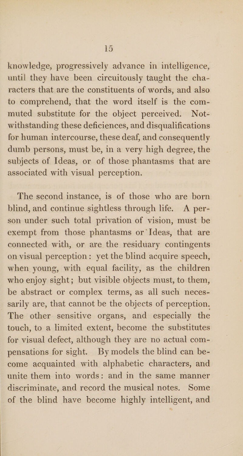 knowledge, progressively advance in intelligence, until they have been circuitously taught the cha¬ racters that are the constituents of words, and also to comprehend, that the word itself is the com¬ muted substitute for the object perceived. Not¬ withstanding these deficiences, and disqualifications for human intercourse, these deaf, and consequently dumb persons, must be, in a very high degree, the subjects of Ideas, or of those phantasms that are associated with visual perception. The second instance, is of those who are born blind, and continue sightless through life. A per¬ son under such total privation of vision, must be exempt from those phantasms or Ideas, that are connected with, or are the residuary contingents on visual perception : yet the blind acquire speech, when young, with equal facility, as the children who enjoy sight; but visible objects must, to them, be abstract or complex terms, as all such neces¬ sarily are, that cannot be the objects of perception. The other sensitive organs, and especially the touch, to a limited extent, become the substitutes for visual defect, although they are no actual com¬ pensations for sight. By models the blind can be¬ come acquainted with alphabetic characters, and unite them into words: and in the same manner discriminate, and record the musical notes. Some of the blind have become highly intelligent, and