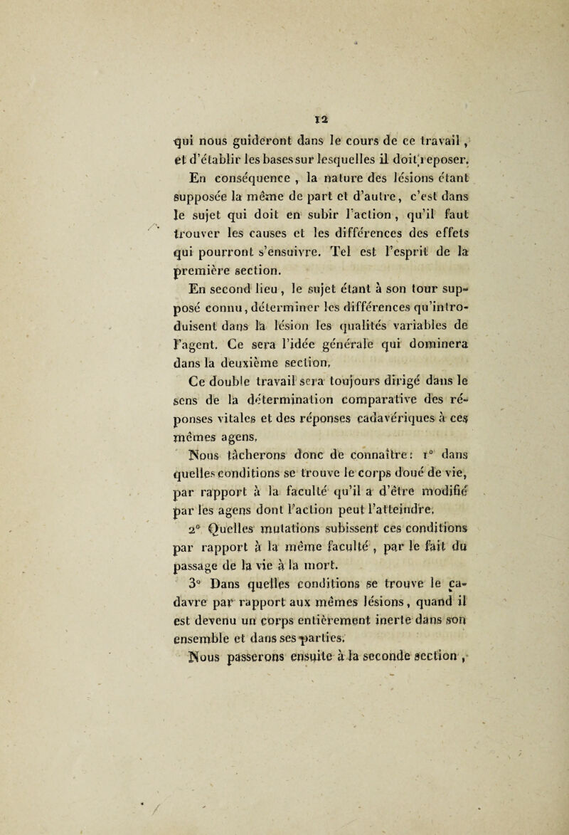 qui nous guideront dans le cours de ce travail , et d’établir les bases sur lesquelles il doifieposer. En conséquence , la nature des lésions étant supposée la même de part et d’autre, c’est dans le sujet qui doit en subir l’action , qu’il faut trouver les causes et les différences des effets qui pourront s’ensuivre. Tel est l’esprit de la première section. En second lieu , le sujet étant à son tour sup¬ posé connu, déterminer les différences qu’intro¬ duisent dans l'a lésion les qualités variables de l’agent. Ce sera l’idée générale qui dominera dans la deuxième section. Ce double travail sera toujours dirigé dans le sens de la détermination comparative des ré¬ ponses vitales et des réponses cadavériques à ces mêmes agens, Nous tâcherons donc de connaître: i° dans quelles conditions se trouve le corps doué de vie, par rapport à la faculté qu’il a d’être modifié par les agens dont l’action peut l’atteindre, 2° Quelles mutations subissent ces conditions par rapport à la même faculté , par le fait du passage de la vie à la mort. 3° Dans quelles conditions se trouve le ca¬ davre par rapport aux mêmes lésions, quand il est devenu un corps entièrement inerte dans son ensemble et dans ses*parlies. Nous passerons ensuite à la seconde section ,