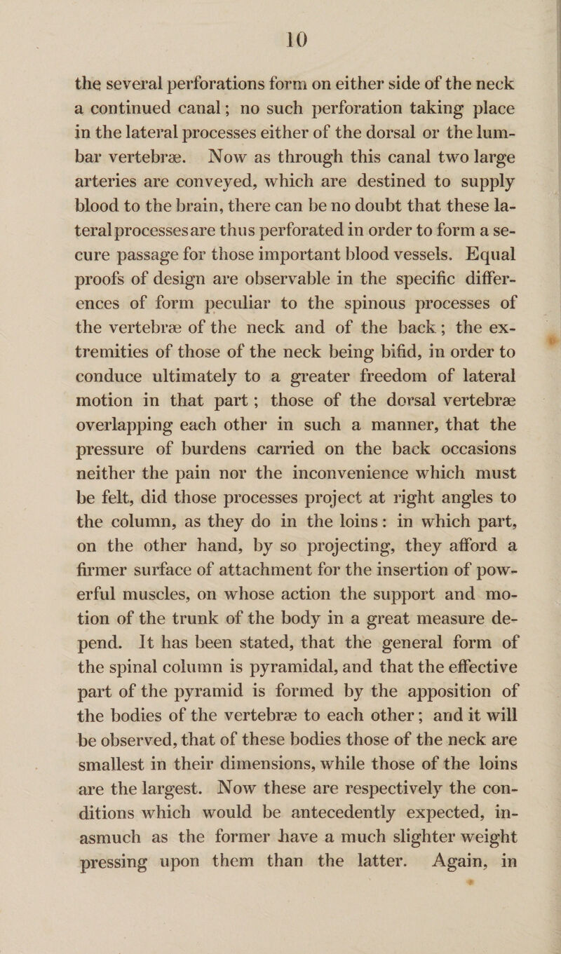 the several perforations form on either side of the neck a continued canal; no such perforation taking place in the lateral processes either of the dorsal or the lum¬ bar vertebra?. Now as through this canal two large arteries are conveyed, which are destined to supply blood to the brain, there can be no doubt that these la¬ teral processes are thus perforated in order to form a se¬ cure passage for those important blood vessels. Equal proofs of design are observable in the specific differ¬ ences of form peculiar to the spinous processes of the vertebrae of the neck and of the back; the ex¬ tremities of those of the neck being bifid, in order to conduce ultimately to a greater freedom of lateral motion in that part; those of the dorsal vertebrae overlapping each other in such a manner, that the pressure of burdens carried on the back occasions neither the pain nor the inconvenience which must be felt, did those processes project at right angles to the column, as they do in the loins: in which part, on the other hand, by so projecting, they afford a firmer surface of attachment for the insertion of pow¬ erful muscles, on whose action the support and mo¬ tion of the trunk of the body in a great measure de¬ pend. It has been stated, that the general form of the spinal column is pyramidal, and that the effective part of the pyramid is formed by the apposition of the bodies of the vertebrae to each other; and it will be observed, that of these bodies those of the neck are smallest in their dimensions, while those of the loins are the largest. Now these are respectively the con¬ ditions which would be antecedently expected, in¬ asmuch as the former have a much slighter weight pressing upon them than the latter. Again, in
