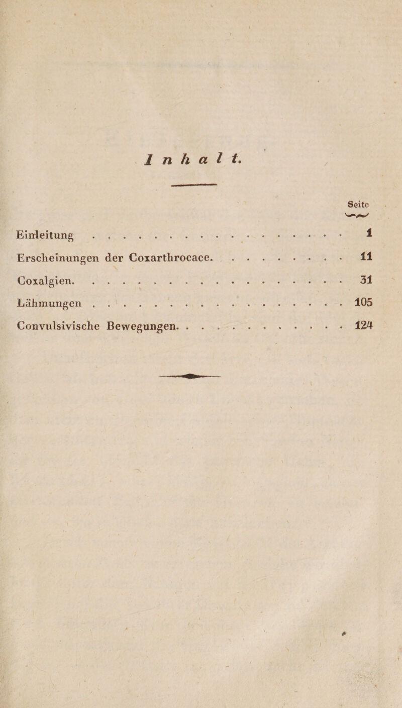Inhalt. Seite Einleitung. 1 Erscheinungen der Coxarthrocace.* • 11 Coxalgien.31 Lähmungen.105 Convulsivische Bewegungen.124