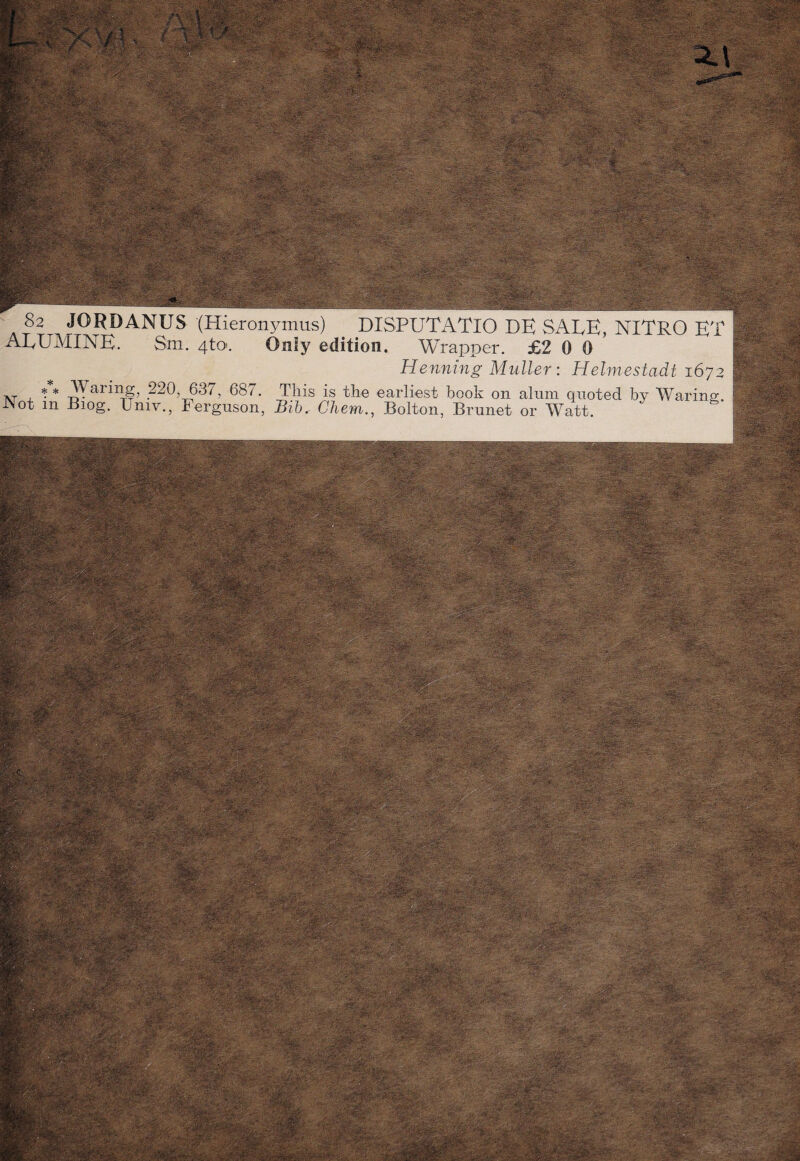 82 JORDANUS (Hieronymus) DISPUTATIO DE SATE, NITRO ET AEUMINE. Sm. 4to. Only edition. Wrapper. £2 0 0 Henning Mulier \ Helmestadt 1672 TVT X *** Waring, 220, 637, 687. Tliis is the earliest book on alum quoted by Waring Not in Biog. Pniv., Ferguson, Bib.- Cliem., Bolton, Brunet or Watt.