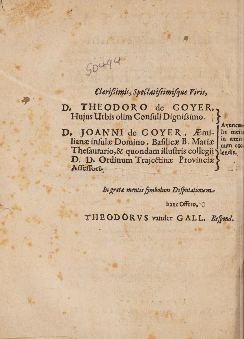 ’ # CUrifsimis> Spefflatijsimijque Viris, D* THEODORO de GOYER, Hujus Urbis olim Confuli Dignifsimo. j De JOANNI de GOYER, ^Emi- lianas infulas Domino, Bafilicae B. Marias Tbeiaurario,& quondam illuftris collegii D@ D® Ordinum Traje£tinx Provincia A/XciTuri* .j Ingrate mentis jjmbohm Diftuutionem^ hanc Offero, THEODORVS vander GALL. Reftond. \ * ' Avuncu¬ lis mei i in aeter num co¬ alendis,. 4-ai y'