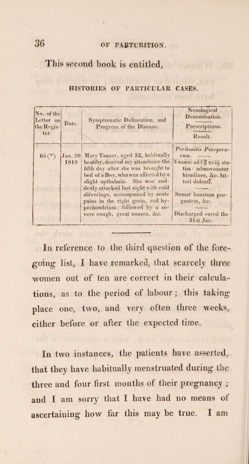 This second book is entitled^ HISTORIES OF PARTICULAR CASES. No. of the Letter on the Re^is- ' ter. Date. Symptomatic Delineation, and Progress of the Disease. Nosological Denomination. Prescriptions. Result. 65 (^) Jan.20 1818 Mary Tanner, aged 32, habitually healthy,desired my attendance the fifth day after she was brought to bed of a Boy, who was aftected by a slight opthalmia. She was sud¬ denly attacked last night with cold shiverings, accompanied by acute pains in the right groin, and hy- pochondrium; followed by a se¬ vere cough, great nausea, &c. Peritofiitis Puerpera- rmii. - \ enaes: ad f^ xviij sta- tim: admoveantur hirudines, &c. lat¬ ter! dolenti. Sumat haustum piir- , gantem, &c. Discharged cured the 31st Jan. In reference to the third question of the fore¬ going listj I have remarked, that scarcely three women out of ten are correct in their calcula¬ tions, as to the period of labour; this taking place one, two, and very often three weeks, either before or after the expected time. In two instances, the patients have asserted, that they have habitually menstruated during the three and four first months of their pregnancy ; and I am sorry that I have had no means of ascertaining how far this may be true. I am