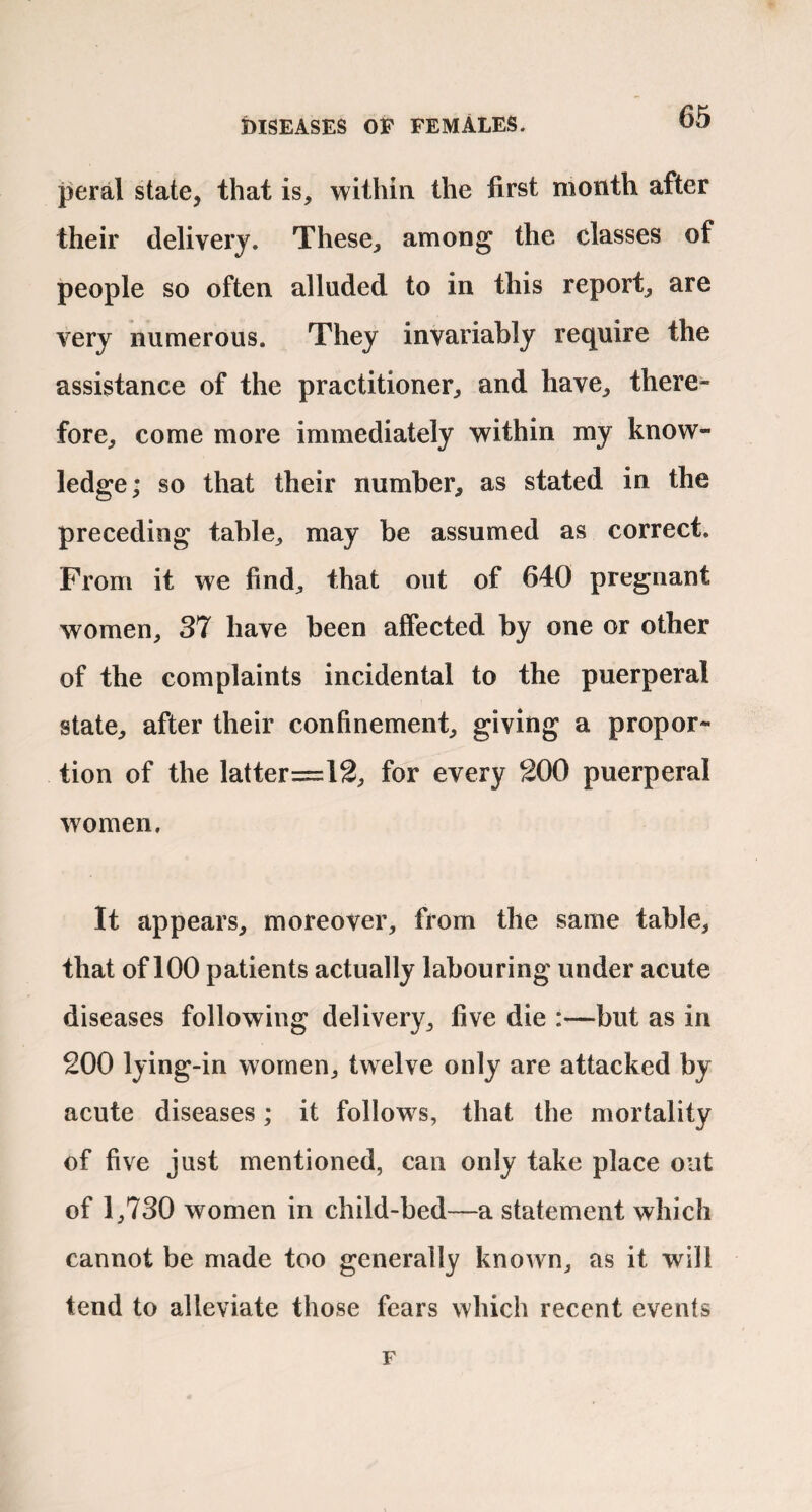 peral state, that is, within the first month after their delivery. These, among the classes of people so often alluded to in this report, are very numerous. They invariably require the assistance of the practitioner, and have, there- fore, come more immediately within my know¬ ledge; so that their number, as stated in the preceding table, may be assumed as correct. From it we find, that out of 640 pregnant women, 37 have been affected by one or other of the complaints incidental to the puerperal state, after their confinement, giving a propor¬ tion of the latter=12, for every 200 puerperal women. It appears, moreover, from the same table, that of 100 patients actually labouring under acute diseases following delivery, five die :—but as in 200 lying-in women, twelve only are attacked by acute diseases; it follows, that the mortality of five just mentioned, can only take place out of 1,730 women in child-bed—a statement which cannot be made too generally known, as it will tend to alleviate those fears which recent events F