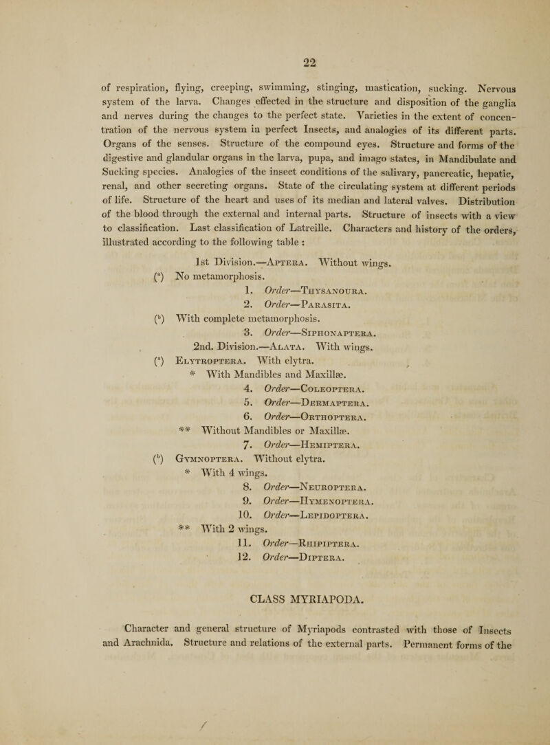 of respiration, flying, creeping, swimming, stinging, mastication, sucking. Nervous system of the larva. Changes effected in the structure and disposition of the ganglia and nerves during the changes to the perfect state. Varieties in the extent of concen¬ tration of the nervous system in perfect Insects, and analogies of its different parts. Organs of the senses. Structure of the compound eyes. Structure and forms of the digestive and glandular organs in the larva, pupa, and imago states, in Mandibulate and Sucking species. Analogies of the insect conditions of the salivary, pancreatic, hepatic, renal, and other secreting organs. State of the circulating system at different periods of life. Structure of the heart and uses of its median and lateral valves. Distribution of the blood through the external and internal parts. Structure of insects with a view to classification. Last classification of Latreille. Characters and history of the orders, illustrated according to the following table : 1st Division.—Aptera. Without wings. (a) No metamorphosis. 1. Order—Thysanoura. 2. Order—Parasita. (b) With complete metamorphosis. 3. Order—Siphoxaptera. 2nd. Division.—Alata. With wings. (a) Elytroptera. With elytra. * With Mandibles and Maxillae. 4. Order—Coleoptera. 5. Order—Dermaptera. 6. Order—Orthoptera. ** Without Mandibles or Maxillae. 7. Order—Hemiptera. (b) Gymnoptera. Without elytra. * With 4 wings. 8. Order—Neuroptera. 9. Order—Hymenopte u a . 10. Order—Lepidoptera. ** With 2 wings. 11. Order—Rhipiptera. 12. Order—Diptera. CLASS MYRIAPODA. Character and general structure of Myriapods contrasted with those of Insects and Arachnida. Structure and relations of the external parts. Permanent forms of the /