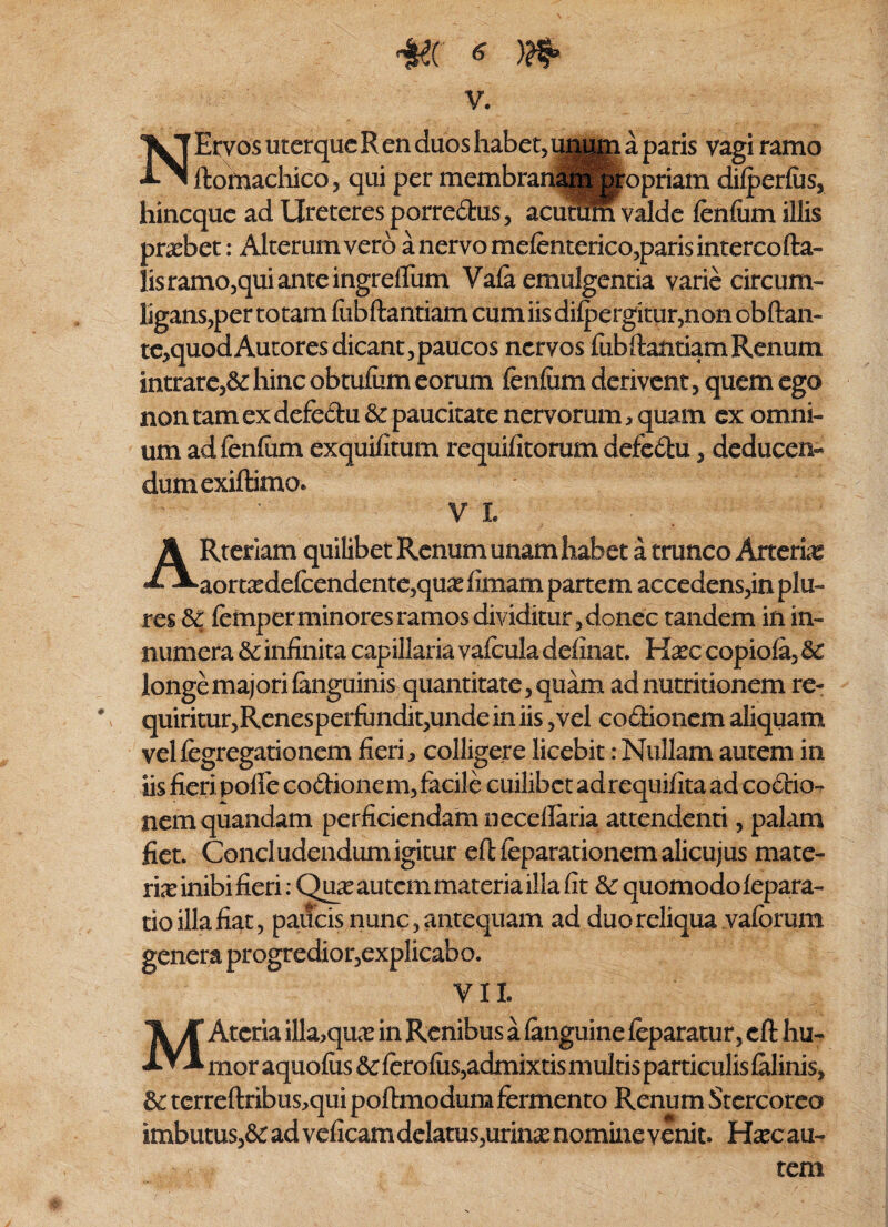 V. NErvos uterque R en duos habet, unu||i a paris vagi ramo ftomachico, qui per membranam propriam difperfus, hineque ad Ureteres porredus, acutum valde fenfom illis probet: Alterum vero a nervo mefenterico,paris interco fta- lisramo5quianteingreflum Vafe emulgentia varie circum¬ ligans,per totam fiibftantiam cum iis difpergitur,non obftan- te,quodAutoresdicant,paucos nervos fubfeantiamRenum intrare,& hinc obtufiim eorum feiifiim derivent, quem ego non tam ex defedu & paucitate nervorum, quam ex omni¬ um ad fenfum exquifitum requifitorum defedu, deducen* dumexiftimoe V L ARteriam quilibet Renum unam habet a trunco Arteria aornedefcendente,qu2e fimam partem accedens,in plu- res &: femper minores ramos dividitur, donec tandem in in¬ numera &: infinita capillaria vafcula delinat. Hxc copiofe, 8c longe majori fanguinis quantitate , quam adnutritionem re- # i quiritur,Renesperfundit,unde in iis, vel codionem aliquam velfegregationem fieri * colligere licebit: Nullam autem in iis fieri polfe codionem, facile cuilibet adrequifita ad codio¬ nem quandam perficiendam neceflaria attendenti, palam fiet. Concludendum igitur eflfeparationemalicujus mate- rix inibi fieri: Qu^e autem materia illa fit & quomodo fepara- tio illa fiat, paucis nunc, antequam ad duo reliqua vafbrum genera progredior,explicabo. VI L MAtcria illa^qua? in Renibus a fenguine feparatur, cft hu¬ mor aquofus & ferofus,admixtis multis particulis felinis, & terreflribus^qui poftmodum fermento Renum Stercoreo imbutus,Sc ad veficam dclatus,urinx nomine venit. Hxc au¬ tem