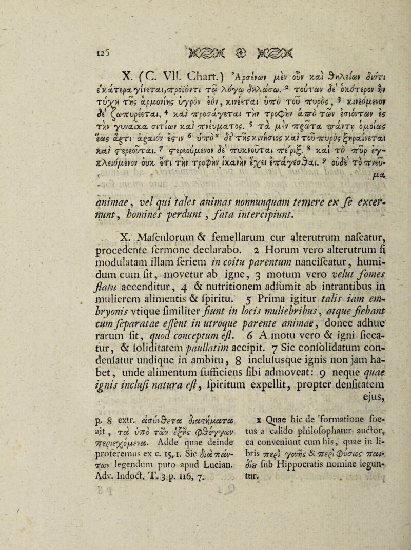 X. (C. VI!. Chart.) 'Apalvcev {jlIv gZv xcli SrqXzlav Sidrt t^XTipcLyUiTcUytfpoioVTl TCp AOyCp $'y]\GdGC*).-2 TOvrm St' OXOTipOV vv tyj$ cLpfjcon^ vypov idv, juverrcu viro rov irvpds, * mvidfjLtvov St fairvpUrcLi, 4 xdi icpor dytrcu tm rpoCpyv itzro rZv Igiovtm Is \ ** ~ / \ i ~ r < / T»v yvv&LxcL (uncev xcli irvtv(jLcLros. 5 Tot f^y ir^Tct trotvtm ofxoias 'tcos OLPTl igeilOV tq~W 6 VVTOx Si T>1S XlvilCflOS XcLl TOU irtipOf fypoLiHT<Zl - - * ‘ ‘  o \ v ™ •• 8 >ccu TO TTUp gy- jfccti rtpewrcu. 7 ftpiobfAtvov Si 'Trirctvot/Tcu ir/pi^ - , zAuo/xmv ovx tn t*i>' rpotpvwjxctyjjv ep^et iicoiytaSou. 9 ovSi roiryto- ■ ■ * ' • ? - <* ' /£cc - - . ' T v animae, vel qui tales animas nonnunquam temere ex fe excer¬ nunt , homines -perdunt, Az intercipiunt. X. Mafculorum & femellarum cur alterutrum nafcatur, procedente fermone declarabo. 2 Horum vero alterutrum fi modulatam illam feriem />/ parentum nancifcatur, humi- dum cum fit, movetur ab igne, 3 motum vero velut fomes flatu accenditur, 4 & nutritionem adfumit ab intrantibus in mulierem alimentis & Ipiritu. 5 Prima igitur talis iam em¬ bryonis vtique fimiliter fiunt in locis muliebribus, flebant cum feparatae ejfent in utroque parente animae, donec adhuc rarum fit, quod conceptum eft. 6 A motu vero & igni licea¬ tur, & loliditatem paullatim accipit. 7 Sic conlolidatum con- denlatur undique in ambitu, 8 inclufusque ignis non jam ha¬ bet, unde alimentum fufficiens libi admoveat: 9 neque quae ignis indufi natura eft, Ipiritum expellit, propter denfitatem ejus, p.. 8 extr. divideret, Siot^ruccTM fl.it , rcl V7TG Toov tjrys (p&oyyoov rff£(?!£%cfAF\,c&' Adde quae deinde proferemus ex c. 15,-1. Sic Siot7tciv- rccv legendum puto apud Lucian. Adv. Indodt; T. 3 p, ii6, 7. x Quae hic de formatione foe¬ tus a calido philofophatur audior, ea conveniunt cum his , quae in li¬ bris 7Tsg) yovris & Tteg) (pvvios 1Toti- Sis fub Hippocratis nomine legun¬ tur.