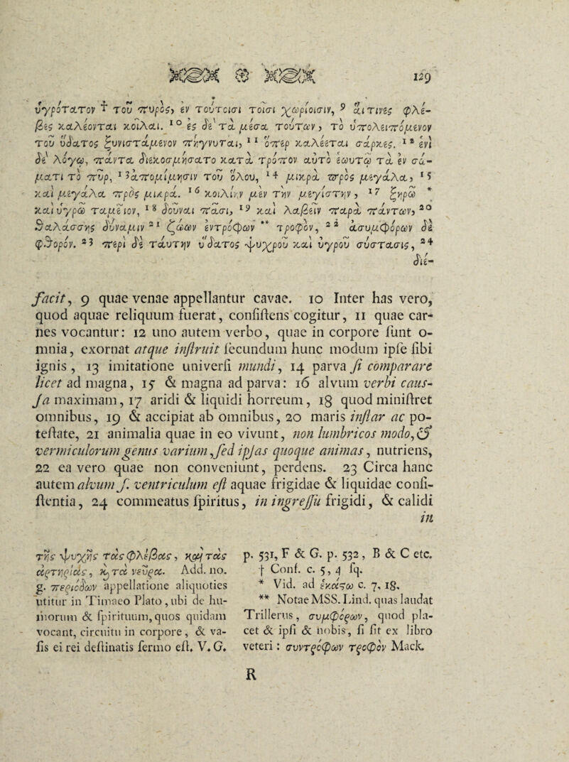 4*> S.V 12 9 vypoTctTov ~ rov ev rouracrt roiai %coptoiaiy, 9 Sjtivzs q>\e- xct\eovrcti xoiAcu. IO g£ (JVra, ^aecct roirccv, ro viroMtTCofJLtvov tov oJceros ^uvwTcqtwvov vrriyvvrcLi, 11 cVep xotAeercu vipius. 1 * gyj <Je Acy©, 'ttolvtcl Sii^ocr piretro kclt& TpoTrov cturo Tcl ev ca- /xoLTt ro rrvp, 1 icLTro/uiuviCTiv roii oAou, *4 /uutpl zirpo$ pctydAa, 15 Kcd lAiyoiAcL rrpds juisipi. l6xoi\lry fih tyiv jueyitrTqv, 17 £>jp5 XcdJypS TOLUitov, 18 Sovvc/.i rcctri) 19 ;tcd ActjSeiV TTccpcl 7rctvra)V3 20 SctAacroy* $vvc/.jluv ~1 £J»m evrpoCpcov ** tpotplv, 22 i<7U/f<$opaw Ja tySopov. 2 3 ^repi Js TctuTJjy ucJctroj 'vpu^poL/ x,al vypou aiarcLcri^, 24 <fte- facit, 9 quae venae appellantur cavae, io Inter has vero, quod aquae reliquum fuerat, conliftens cogitur, n quae car¬ nes vocantur: 12 uno autem verbo, quae in corpore funt o- mnia, exornat inftruit fecundum hunc modum ipfe libi ignis, 13 imitatione univerli mundi, 14 parva ji comparare licet ad magna, 15* & magna ad parva: 16 alvum uerZtf raz/j*- maximam, 17 aridi & liquidi horreum, 18 quod miniftret omnibus, 19 & accipiat ab omnibus, 20 maris ac po- teftate, 21 animalia quae in eo vivunt, non lumbricos modo,(S vermiculorum genus varium,fed ipjas quoque animas, nutriens, 22 ea vero quae non conveniunt, perdens. 23 Circa hanc autem alvum J. ventriculum eft aquae frigidae & liquidae confi- flentia, 24 commeatus fpiritus, iningrejju frigidi, & calidi in ryjc ypvxn? rusQXlfic&s, y&jrcis u^TriPiue, iu rcc v€v(>06. Add. 110. g. 7Tepicfioov appellatione aliquoties utitur in Timaeo Plato,ubi de bu¬ niorum & fpirituum, quos quidam vocant, circuitu in corpore, & va- fls ei rei dehinatis fermo eff V* G. p. 531, F & G. p. 532, B & C etc. ■\ Conf. c. 5, 4 fq. * Vid. ad incedo» c- 7- i£b ** Notae MSS. Lind. quas laudat Trillertis, avfJL(pc^oi)V, quod pla¬ cet & ipfi & nobis, fi fit ex libro veteri: cTWTgctpoov rqc(pcv Mack, R