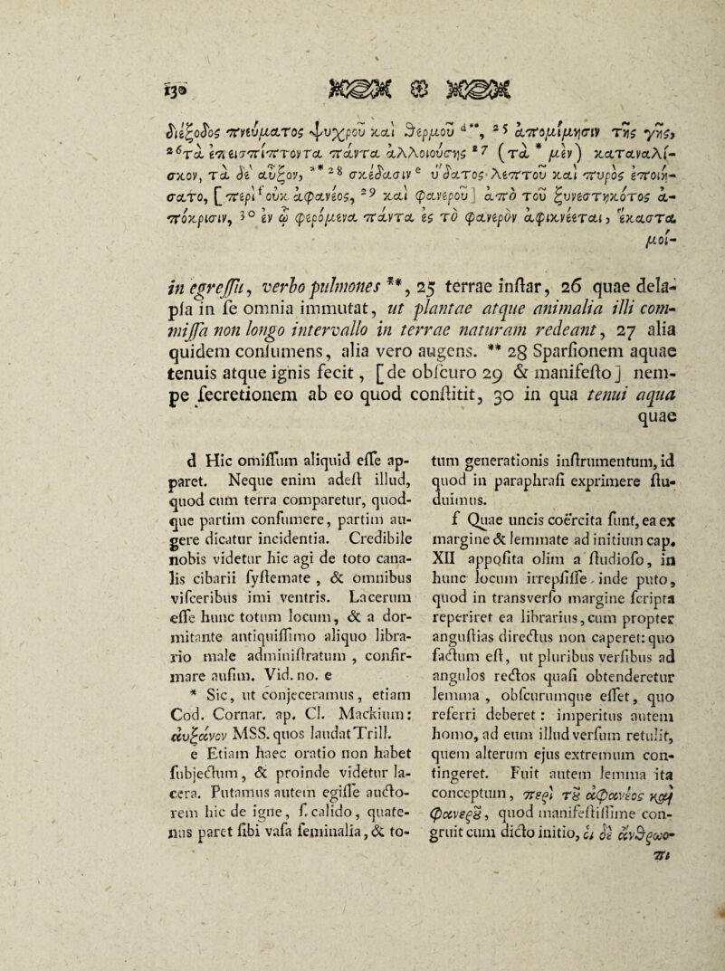 ■' \ * Sil^oSos '7MvfJLcLT0$ ^VXP°V JCcC‘ ^ippjiov d*\ 2* ktfofu/JLqtriv Ty$ ySs* 26raL en eicmirfTovrct 'KcaxcL iAAoiouc^ *7 (tgc * /nly) xciTctvaAf- GXOV, TcL Si CLV^QVy **2§ GTCiSclGlV2 V SxTO$- XiGTTOV 3tCli VCl)pO$ g7TOM- COLT0, [ 'TCipi * OUH cC(pGLV60S) 29 5CCU (ficLVipOV ] CLITO TOU ^UV2<7T}JX.0T0£ <X- '7roX,pi(riVi 1° iv £ (pipOftiVCL 'TTXVTCL i$ TO (pCLVipOV OL^lXvkroUy 'iKcLGToL /LtOt- inegrejjh, verbo pulmones *% 25 terrae inftar, 26 quae dela- pla in fe omnia immutat, ?/r -plantae atque animalia illi com¬ mi Jf a non longo intervallo in terrae naturam redeant, 27 alia quidem conlumens, alia vero augens. ** 2g Sparlionem aquae tenuis atque ignis fecit, [de oblcuro 29 & manifefto j nem¬ pe fecretionem ab eo quod conftitit, 30 in qua tenui aqua quae d Hic omiffum aliquid efle ap¬ paret. Neque enim adeA illud, quod cum terra comparetur, quod¬ que pnrtim confumere, partim au¬ gere dicatur incidentia. Credibile nobis videtur hic agi de toto cana¬ lis cibarii fyAemate , & omnibus vifceribus imi ventris. Lacerum efle hunc totum locum, <3c a dor¬ mitante antiquiffimo aliquo libra¬ rio male adminiAratum , confir¬ mare aufim. Vid. no. e * Sic, ut conjeceramus, etiam Cod. Cornar. ap, CL Mackium: dv^ccvov MSS. quos laudatTrill. e Etiam haec oratio non habet fubjecAum, & proinde videtur la¬ cera. Putamus autem egifle auclo- rem hic de igne, A calido, quate¬ nus paret libi vafa feminalia,& to¬ tum generationis inflrumentum, id quod in paraphrafl exprimere Au- duimus. f Quae uncis coercita funt, ea ex margine & lemmate ad initium cap# XII appoflta olim a Audiofo, in hunc locum irrepAlfe , inde puto, quod in transverfo margine feripta reperiret ea librarius,cum propter anguAias diredus non caperet: quo fa<Aum eA, ut pluribus verAbus ad angulos recAos quaA obtenderetur lemma , obfcurumque eATet, quo referri deberet: imperitus autem homo, ad eum illudverfum retulit, quem alterum ejus extremum con¬ tingeret. Fuit autem lemma ita conceptum, 7t?o) rs d(pccvlos ygj (pocvegx-, quod manifeAiAime con¬ gruit cum ditio initio, ci Ss dvSgucr