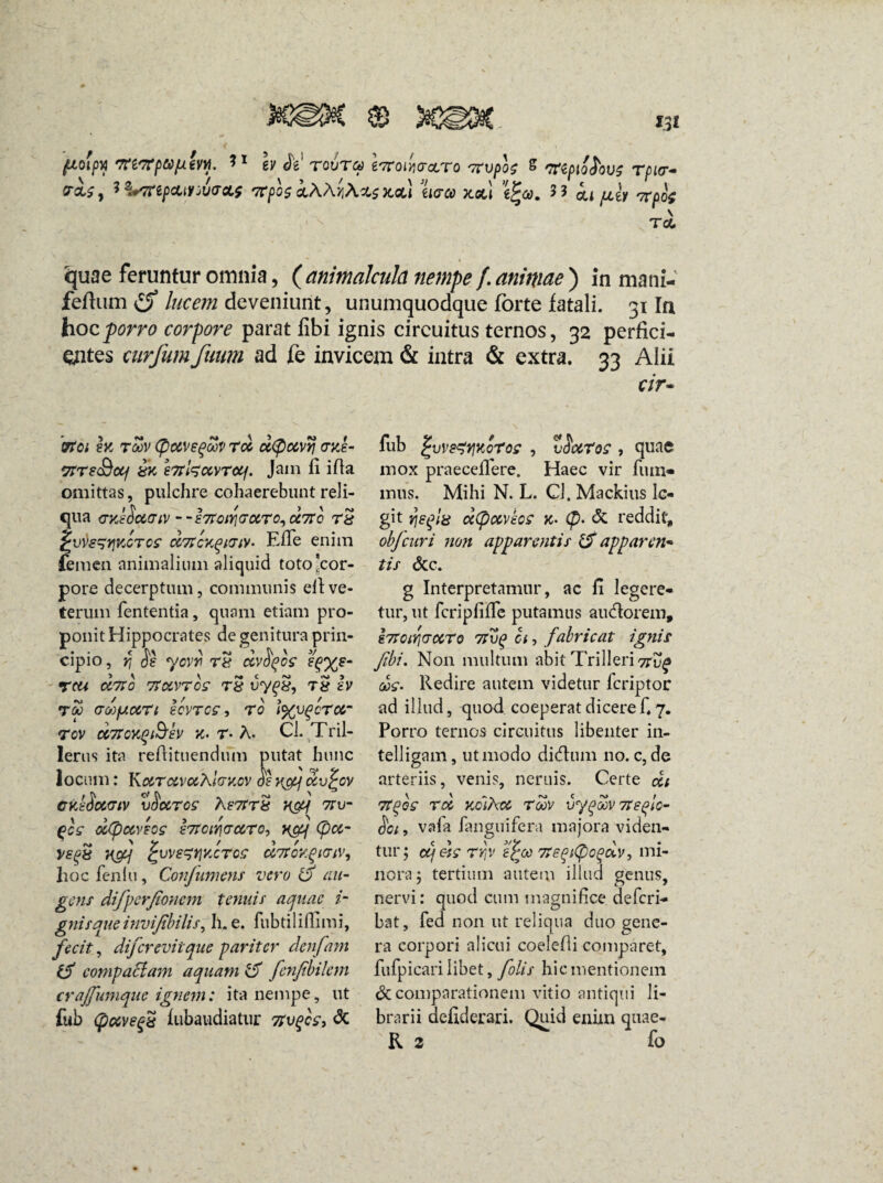 T CL quae feruntur omnia, ( animalcula nempe /. animae ) in mani- lucem deveniunt, unumquodque forte fatali. 31 In hoc porro corpore parat fibi ignis circuitus ternos, 32 perfici¬ entes curfum funm ad fe invicem & intra & extra. 33 Alii cir- 'vtei sk toov (fictvegoov rd d(pccvy cyJ- yrrs&cif ix eirteocvrctf. Jam fi ifia omittas, pulchre cohaerebunt reli¬ qua CxbSotClV - -ZTtCtyGCiTO, CC7tC rS Pvve^ijKcroe dvecygiciv- Elie enim femen animalium aliquid toto*cor- pore decerptum, communis efive¬ terum fententia, quam etiam pro¬ ponit Hippocrates de genitura prin- cipio, r, de ycvr T8 ccvoqcs rcu diro 7tocvrce rS vygx, tS iv TGp cTMfJLCCrt loVTGG, TO i%VqcTCC~ tov d7toxq&h x- r- A. Cl.Tril- lerus ita reftituendum putat hunc locum: KoctocvocXIcxov oeygqdv‘£cv cyJSotfrtv vUccros AftttS xgy 7ru- fiCS d(pOCYFOg l7tOM\GCCTQ-> x&{ (pcc- n&j ^ws^rjKcToc dTtovgiav, hoc feniu, Confumens vero t5 au¬ gens difperjioncm tenuis aquae i- gnisque invifibilis, h. e. fubtiliifimi, fecit, dijcrevit que pariter denfam 15 compactam aquam <5 fenjibilem crajfuinque ignem: ita nempe, ut fub (pocvegS fubaudiatur Ttvqcc, & fub jrvve^UKoTos , vSdtoc , quae mox praecellere. Haec vir fiun- mus. Mihi N. L. Cl. Mackius le¬ git Yjsfg d(poc\kos x> (p. & reddit, obfcuri non apparentis 15 apparen* tis <5cc. g Interpretamur, ac fi legere¬ tur, ut fcripfifle putamus audlorem, l7toii\cocTo 7tv(? ci, fabricat ignis fibi. Non multum abit Trilleri 7tvq ds* Redire autem videtur feriptor ad illud, quod coeperat dicere fi 7. Porro ternos circuitus libenter in- telligam, ut modo didhim no. c, de arteriis, venis, neruis. Certe di 7tQos rd xoikoc rdv vygdv 7tefc- $ci, vafa fanguifera majora viden¬ tur; cq de rr,v ej^co 7te(p(pc°dv, mi¬ nora; tertium autem illud genus, nervi: quod cum magnifice deferi- bat, fed non ut reliqua duo gene¬ ra corpori alicui coelefii comparet, fufpicari libet, folis hic mentionem & comparationem vitio antiqui li¬ brarii defiderari. Quid enim quae-