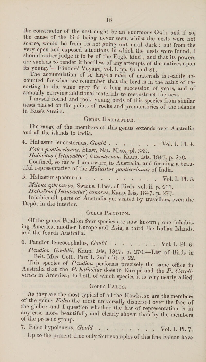 the constructor ot the nest might be an enormous Owl; and if so, the cause of the bird being never seen, whilst the nests were not scarce, would be from its not going out until dark ; but from the very open and exposed situations in which the nests were found, I should rather judge it to be of the Eagle kind ; and that its powers are such as to render it heedless of any attempts of the natives upon its young.”—Flinders’ Voyage, vol. i. pp. 64 and 81. The accumulation of so large a mass of materials is readily ac¬ counted for when we remember that the bird is in the habit of re¬ sorting to the same eyry for a long succession of years, and of annually carrying additional materials to reconstruct the nest. I myself found and took young birds of this species from similar nests placed on the points of rocks and promontories of the islands in Bass’s Straits. Genus Haliastur. ' The range of the members of this genus extends over Australia and all the islands to India. 4. Haliastur leucosternus, Gould.Vol. I. PL 4. Falco ponticerianus, Shaw, Nat. Misc., pi. 389. Haliaetus (Ictinoaetus) leucosternon, Kaup, Isis, 1847, p. 276. Confined, so far as I am aware, to Australia, and forming a beau¬ tiful representative of the Haliastur ponticerianus of India. 5. Haliastur sphenurus.y0p j. pp g Milvus sphenurus, Swains. Class, of Birds, vol. ii. p. 211. Haliaetus (Ictinoaetus) canorus, Kaup, Isis, 1847, p. 277. Inhabits all parts ot Australia yet visited by travellers, even the Depot in the interior. Genus Pandion. Of the genus Pandion four species are now known ; one inhabit¬ ing America, another Europe and Asia, a third the Indian Islands, and the fourth Australia. 6. Pandion leucocephalus, Gould.Vol. I. PL 6. Pandion Gouldii, Kaup, Isis, 1847, p. 270.—List of Birds in Brit. Mus. Coll., Part I. 2nd edit. p. 22. This species of Pandion performs precisely the same office in Australia that the P. haliaetus does in Europe and the P. Caroli- nensis in America; to both of which species it is very nearly allied. Genus Falco. As they are the most typical of all the Hawks, so are the members of the genus Falco the most universally dispersed over the face of the globe; and I question whether the law of representation is in any case more beautifully and clearly shown than by the members of the present group. 7. Falco hypoleucus, Gould.Vol. I. PL 7. Up to the present time only four examples of this line Falcon have