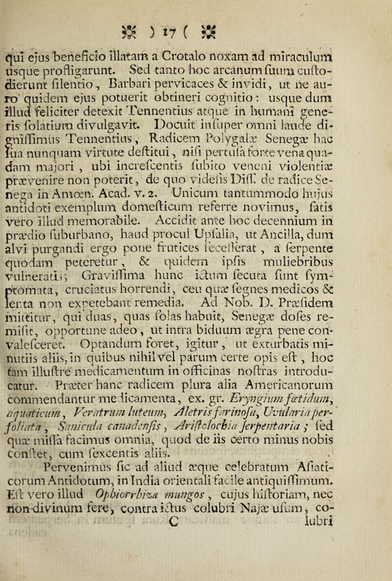 qui ejus beneficio illatam a Crotalo noxam ad miraculum usque profligarunt. Sed tanto hoc arcanum fuima cufto- dierunt filentio., Barbari pervicaces & invidi, ut ne au¬ ro quidem ejus potuerit obtineri cognitio : usque dum illud feliciter detexit Tennentius atque in humani gene¬ ris folatium divulgavit. Docuit infuper omni laude di* gmffimus Tennentius, Radicem Polygahe Senega* hac lua nunquam virtute de/litui, ni fi pertufa forte vena qua¬ dam majori , ubi increfcentis fiubito veneni violentiae praevenire non poterit, de quo vi defis Diffi de radice Se¬ ne ga in Amocn. Acad. v. 2. Unicum tantummodo hujus antidoti exemplum domefticum referre novimus, fatis vero illud memorabile. Accidit ante hoc decennium in praedio fuburbano, haud procul Upialin, ut Ancilla, dum alvi purgandi ergo pone frutices fecefterat , a ferpente quodam peteretur, & quidem ipfrs muliebribus vulneratir, Graviffima hunc ictum fecuta funt lyiiv fit ornata, cruciatus horrendi, ceu que fegnes medicos & exta non expetebant remedia. Ad Nob. D. Prafidem mittitur, qui duas, quas fol&s habuit, Senega dofes re- mifit, opportune adeo , ut intra biduum aegra pene con- valefceret. Optandum foret, igitur, ut exturbatis mi¬ nutiis aliis, in quibus nihil vel parum certe opis eft, hoc tam illuftre medicamentum in officinas no fixas introdu¬ catur. Praeter hanc radicem plura alia Americanorum commendantur medicamenta, ex. gr. Eryngium fati dum ^ aquaticum, Veratrum luteum, Aletrisfarinofa^ Uvidam aper <- foliata , Sani cula canadenfis, Ariftedochia jcrpentaria ; ied que mifla facimus omnia, quod de iis certo minus nobis confiet, cum (excernis aliis. Pervenimus fic ad aliud eque celebratum Afiati- corum Antidotum, in India orientali facile antiquiflfirnum. Eft vero illud Opbiorrhiza mango c , cujus hiftoriam, nec non divinum fere, contra iftus colubri Najaufum, co- C lubri