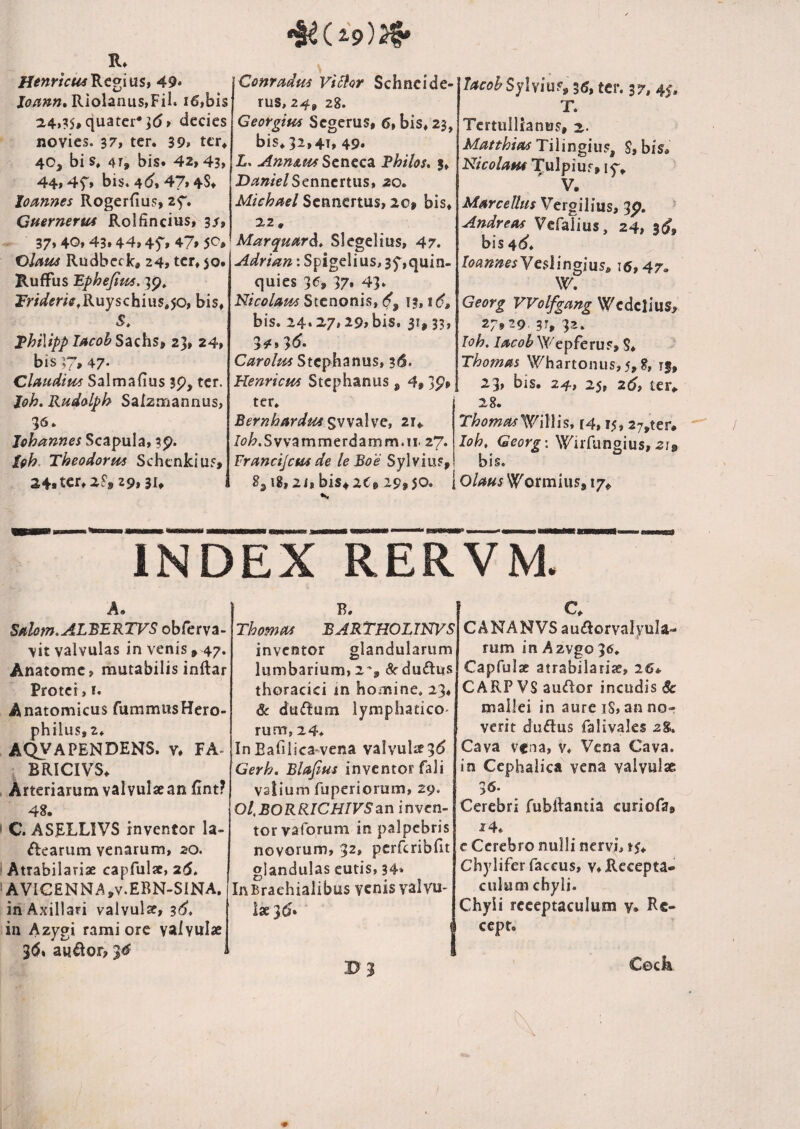 R* Regius, 49* Riolanus,FiI. i6,bis 2r4,?5»nuater*](5, decies novies. 37, ter. 39» ter* 40, bi s. 4T, bis. 42,43, 44,4^, bis. 4(^, 47, 4S» tomnes Rogerfius, 25“. Quernerui Rolfincius, 3/, 37» 40,43.44,4f> 47,50, OIaus Rudbcck, 24, ter, 50. RufFus Ephejius. Rr/VmV.Ruyschius.^o, bis, S» JphiMpplAcohSzzhst 23, 24, bis Xj, 47- Clatidim Salmafius 3p, ter. loh, Ruddph Saizmannus, 36. Johannes Scapula, 3p. Ifih. Theodorit4 Schcnkius, 24.ter,z?, 29, 3U ^onradus Vi5tor Schneide- rus, 24, 28. Georgius Segerus, 6, bis, 23, bis, 32,41, 49. L. AnnAm Seneca Rhilos, j, DmielScnntnwst 20. Michael Sennertus, 20» bis, 22, MarqufitrA^ Slcgelius, 47. Adrian: Spigelius,3y,quin- quies 36, 37. 43. NicoUm Stenonis, (f, 13, bis. 24* 2.7,29, bis, 31,33, 34^» 3^* Carolus Stephanus, 3(5. Kenricm Stephanus j 4,3P. ter. Bernhardm^vs^XvCt 21, /^?^.Svvammerdamm.ii. 27. FranciJetAS de leBoe Sylvius, g, 18,2i,bis4 2Cp29»50‘ UcohSyhmff 3(5, ter. 37» 45. T. Tertullianus, 2. Matthia4 Ti 1 i ngius, S, bis, Nicolam Tulpiur, ly, V. Marcellus Vergilius, 3p. Andreas Vefaiius, 24, 3^, bis 4(^. IoanmsYe$Unglus» 16 »47. \V. Georg VVolfgang Wcdclius, 27,29 V, 3’- loh. lacob Wepferus, S, Thomm Whartonus, 5, 8, ij, 23, bis. 24, 25, 2d, ter. 28. Willis, r4,15,27,ter# loh, Georg: WirCunoius, 21» bis. 1 Olaus Wormius, 17. INDEX RERVM. A. B, Salom.ALBERTVS obferva- vit valvulas in venis» 47. Anatome, mutabilis inftar Protei, I. Anatomicus fummusHero- philus, 2. AQVAPENDENS. V, FA. BRICIVS. Arteriarum valvulae an (int? 48. C. ASELLIVS inventor la- ftearum venarum, 20. Atrabilariae capfulac, 26* AVlCENNA,v.ERN-SlNA. in Axillari valvulse, 36, in Azygi rami ore valvui» a«£lor, 3<5 Tho?nas BARTHOLINVS inventor glandularum lumbarium, 2', 5fdu£lus thoracici in homine. 23, & du(flum lymphadeO' rum, 24. In Eafilica-vena valvulae3^ Gerh. Blafius inventor fali vatium fuperiorum, 29* Ol,BORRIOHlVSzn inven¬ tor vaforum in palpebris novorum, 32, pcrrcribfit glandulas eutis, 34» In Brachialibus venis val vu¬ lse jd. P 3 C. CANANVS au<SorvaIyuIa- rum in Azvgo 36. Capfulse atrabilariae, 26*. CARP VS audior incudis 6c mallei in aure iS, an nor verit duftus falivales 28;. Cava vfna, v. Vena Cava, in Cephalica vena valvulae 3<5. Cerebri Tubftantia curiofa, 24. c Cerebro nulli nervi» »5. Chylifer faccus, v. Recepta¬ culum chyli. Chyli receptaculum v. Rc- cepr. \ Cock