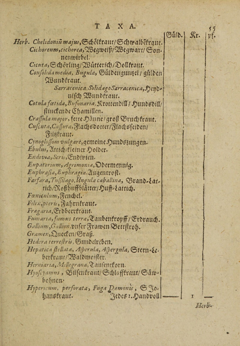 * ker Herb. bel dona mju, Schöltraut Schwälßätrait.| | Cichorenmscichorea, Wegweiß / Wegwart / Son. 5 nenwirbel. | Cuts, Schoͤrling / Wuͤtterich / Dolltraut. Conſol da media, Bugula, Guͤldenguntzel / e Wundkrau . Sarracenica,SolidagoSerraenica, Hyd niſch Wundkraut. | Cotula fatida,Bufonarta,Krottendil Hundedill ſtinckende Chamillen. Craſſula major, fette Haͤnne / groß Bruchkraut. Cnfenta,CujIera,Zlachsdorteriglachsfeiden FJiltzkraut. .. Cynogloffom aul garè, gemeine Hundszungen. Ebulus, Attich / kleiner Holder. Endivia, deri, Endivien. Eupatorium, Agrimonia, Oderm ennig. Euphraſia, Euphragia, Augentroſt. „ o, UAngulæ caballına, Brandt ihrRoßbufslärer. Huf. ale: 5 Fanidalin, Fenchel. Flix, pteris, Fahrnkraut. Fragaria, Erdbeerkraut. | . Fumaria, fumus terre, Taubentropff Erdrauch. | ’ Gallium ee Frawen Bettſtroh. e | Gramen, Q uecken / Graß. - Bedera terreſtris, Gundelrèben. 12 1 Hepatica 4172 Ape rula, Aſpergula, Sternrge- | berkraut / Waldmeiſter. * Herniaria, Millegrana, Tauſentkorn. Fh jamus, Bilſentraut, Schlaffkraut / Saͤw⸗ | . Bohnen: | eee € Jedes f. Handvoll