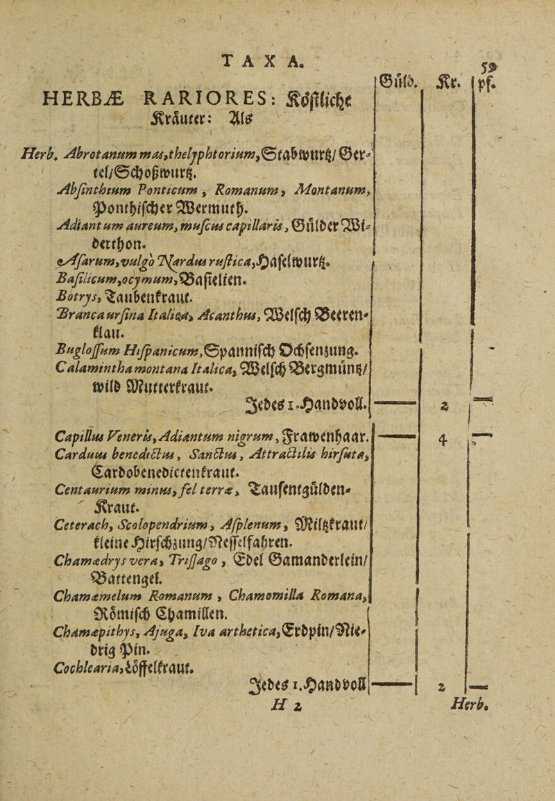 TA HR Br 5 ‚Kräuter: Als | Fe Abſinthium Ponticum , Romanum, Montanum, Ponthifcher Wermuth. derthon. Botrys, Taubenkraut. tel / Schoßwurtz. = au, Bugloſſum H. ılpanscum, Spanniſch Ochſenzung. = 92 wild Mee Jides 1. Handvoll. A gn Adienii nigrum, Frawenhaar. — Cardobenedictenkraut. Kraut. Ceterach, Scolopendrium, Aſplenum, Milgkraut, | kleine Hirſchzung / Meſſelfahren. Battengel. Roͤmiſch Chamillen. drig Pin. Iides I Handel r