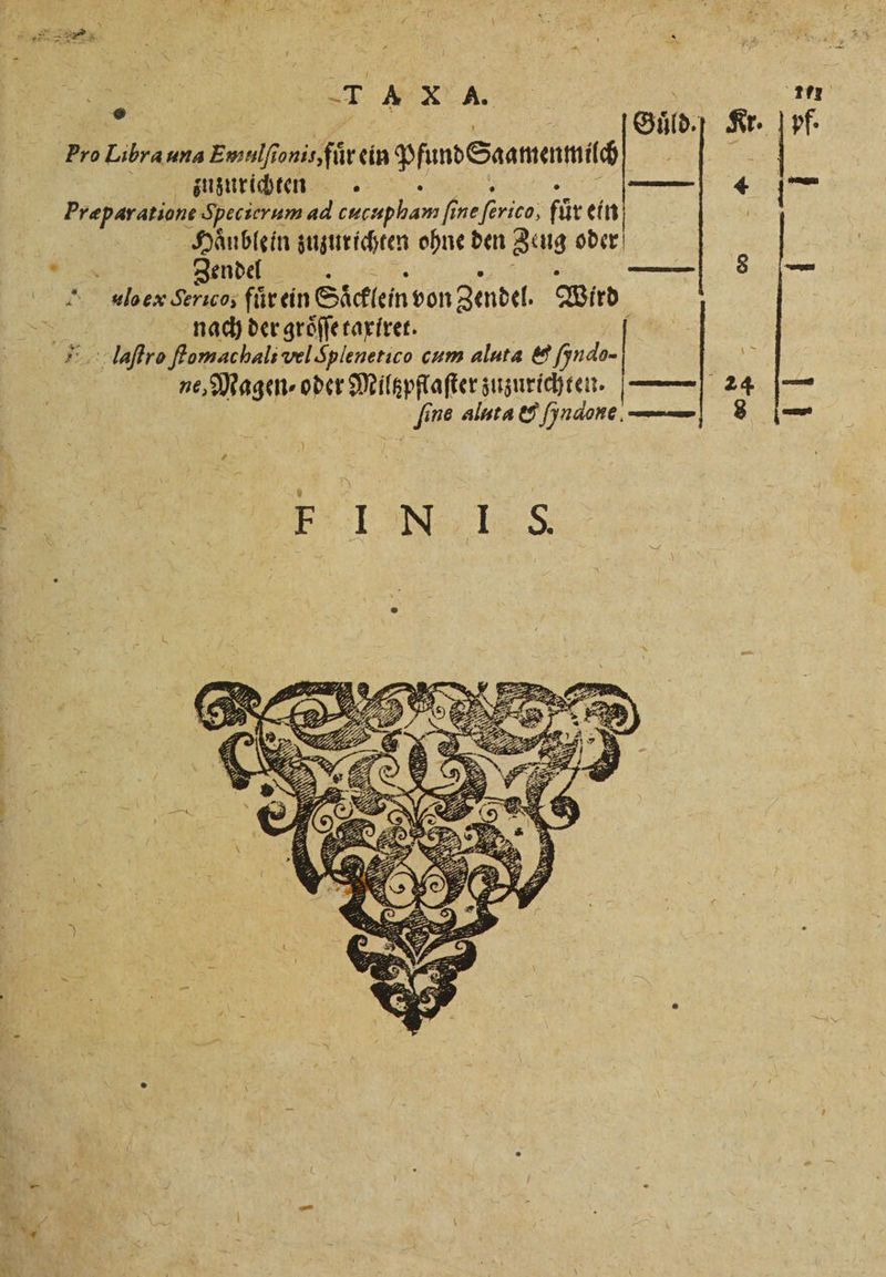 2 Güld. Kr. pf. Pro Libra una Emulf onis,fürein Pfund Snamenmili | oo gumridhten - +. — > I Praparatione Specserum ad ee fine 10 für ein Haͤublein zuzurichten ohne den Zeug oder 3 8 Zendel a — 8 — e loex Sericos fuͤr ein Saͤcklein von gende. Wird 85 nach der groͤſſe taxiret. leaſtro fomachali velSplenetico cum aluta &amp; udo e, Magen oder Miltzpflaſter zuzurichten. — 24 — fine aluta &amp; Hyndone. —