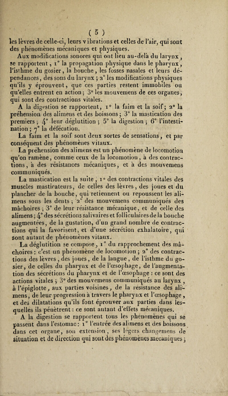 / ( 5 ) les lèvres de celle-ci, leurs v ibrations et celles de Pair, qui sont des phénomènes mécaniques et physiques. Aux modifications sonores qui ont lieu au-del'a du larynx , se rapportent, i“ la propagation physique dans le pharynx, Tisthme du gosier, la bouche, les fosses nasales et leurs dé¬ pendances, des sous du larynx ; 2“ les modifications physiques qu’ils y éprouvent, que ces parties restent immobiles ou qu’elles entrent en action; 3° les mouvemens de ces organes, qui sont des contractions vitales. A la digestion se rapportent, 1° la faim et la soif; 2° la préhension des alimens et des boissons ; 3“ la mastication des premiers ; 4° déglutition ; 5° la digestion ; 6° l’intesti- nation; 7” la défécation. La faim et la soif sont deux sortes de sensations, et par conséquent des phénomènes vitaux. La préhension des alimens est un phénomène de locomotion qu’on ramène, comme ceux de la locomotion, à des contrac¬ tions , a des résistances mécaniques, et a des mouvemens communiqués. La mastication est la suite , 1® des contractions vitales des muscles masticateurs, de celles des lèvres, des joues et du plancher de la bouche, qui retiennent ou repoussent les ali¬ mens sous les dents ; 2*’ des mouvemens communiqués des mâchoires ; 3 de leur résistance mécanique, et de celle des alimens ; 4“ des sécrétions salivaires et folliculaires de la bouche augmentées, de la gustation, d’un grand nombre de contrac¬ tions qui la favorisent, et d’une sécrétion exhalatoire, qui sont autant de phénomènes vitaux. La déglutition se compose, 1“ du rapprochement des mâ- clioires : c’est un phénomène de locomotion ; 2“ des contrac¬ tions des lèvres , des joues, de la langue , de l’isthme du go¬ sier, de celles du pharynx et de l’œsophage, de l’augmenta¬ tion des sécrétions du pharynx et de rœsophage : ce sont des actions vitales ; 3® des mouvemens communiqués au larynx , à l’épiglotte, aux parties voisines, de la résistance des ali¬ mens, de leur progression â travers le pharynx et l’œsophage , et des dilatations qu’ils font éprouver aux parties dans les¬ quelles ils pénètrent : ce sont autant d’effets mécaniques. A la digestion se rapportent tous les phénomènes qui se passent dans restomac: 1° l’entrée des alimens et des boissons ^ dans cet organe, sou extension, ses légers cliangemens de giluatiojQ et de directiou qui sont des phénomènes mécaniques ;