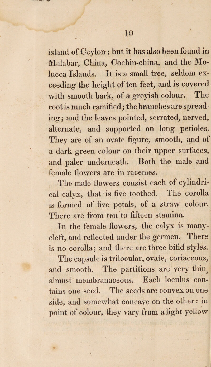 island of Ceylon ; but it has also been found in Malabar, China, Cochin-china, and the Mo¬ lucca Islands. It is a small tree, seldom ex¬ ceeding the height of ten feet, and is covered with smooth bark, of a greyish colour. The root is much ramified; the branches are spread¬ ing ; and the leaves pointed, serrated, nerved, alternate, and supported on long petioles. They are of an ovate figure, smooth, and of a dark green colour on their upper surfaces, and paler underneath. Both the male and female flowers are in racemes. The male flowers consist each of cylindri¬ cal calyx, that is five toothed. The corolla is formed of five petals, of a straw colour. There are from ten to fifteen stamina. In the female flowers, the calyx is many- cleft, and reflected under the germen. There is no corolla; and there are three bifid styles. The capsule is trilocular, ovate, coriaceous, and smooth. The partitions are very thin^ almost' membranaceous. Each loculus con¬ tains one seed. The seeds are convex on one side, and somewhat concave on the other: in point of colour, they vary from alight yellow