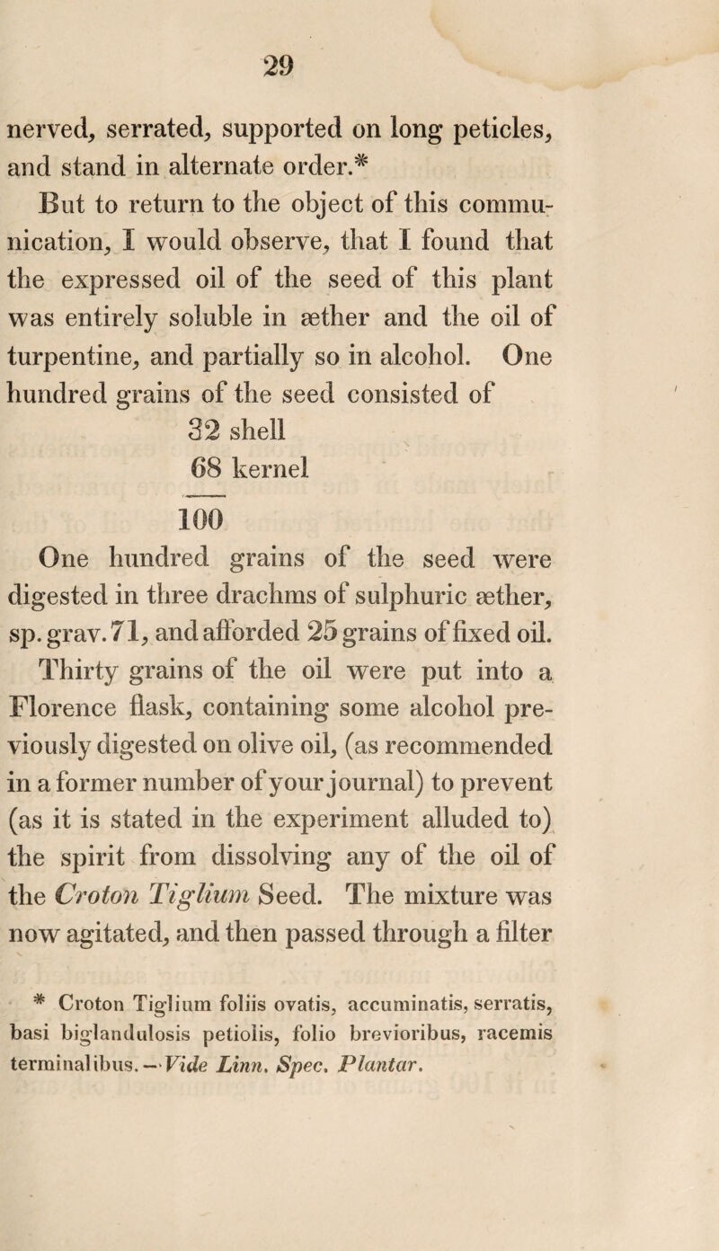 nerved, serrated, supported on long petioles, and stand in alternate order.# But to return to the object of this commu¬ nication, I would observe, that I found that the expressed oil of the seed of this plant was entirely soluble in aether and the oil of turpentine, and partially so in alcohol. One hundred grains of the seed consisted of 32 shell 68 kernel 160 One hundred grains of the seed were digested in three drachms of sulphuric aether, sp. grav. 71, and afforded 25 grains of fixed oil. Thirty grains of the oil were put into a Florence flask, containing some alcohol pre¬ viously digested on olive oil, (as recommended in a former number of your journal) to prevent (as it is stated in the experiment alluded to) the spirit from dissolving any of the oil of the Croton Tiglium Seed. The mixture was now agitated, and then passed through a filter # Croton Tiglium foliis ovatis, accuminatis, serratis, basi biglandulosis petioiis, folio brevioribus, racemis terminalibus. — Vide Linn. Spec. Plantar.