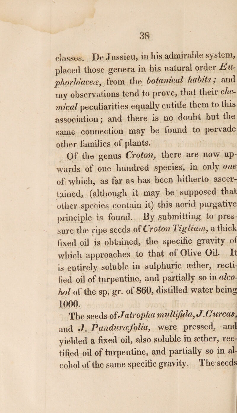 88 classes. De Jussieu, in his admirable system, placed those genera in his natural order Eu- phorbiacece, from the botanical habits; and my observations tend to prove, that their che¬ mical peculiarities equally entitle them to this association; and there is no doubt but the same connection may be found to pervade other families of plants. Of the genus Croton, there are now up¬ wards of one hundred species, in only one of which, as far as has been hitherto ascer¬ tained, (although it may be supposed that other species contain it) this acrid purgative principle is found. By submitting to pres¬ sure the ripe seeds of Croton Tiglium, a thick fixed oil is obtained, the specific gravity of which approaches to that of Olive Oil. It is entirely soluble in sulphuric aether, recti¬ fied oil of turpentine, and partially so in alco¬ hol of the sp. gr. of 860, distilled water being 1000. J'he seeds oiJatvopha miiltijida3 J..C ureas s and J. Pandurafolia, were pressed, and yielded a fixed oil, also soluble in aether, rec¬ tified oil of turpentine, and partially so in al¬ cohol of the same specific gravity. The seeds