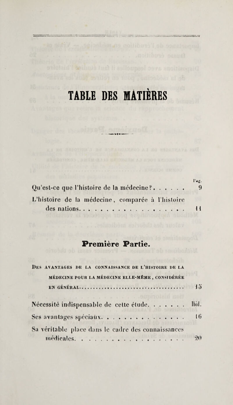 ras- Qu’est-ce que l’histoire de la médecine?. 9 L’histoire de la médecine, comparée à l’histoire des nations. 11 Première Partie. Des avantages de la connaissance de l’histoire de la MÉDECINE POUR LA MÉDECINE ELLE-MÊME , CONSIDÉRÉE EN GÉNÉRAL. 15 Nécessité indispensable de celte élude.Ibid. Ses avantages spéciaux. 10 Sa véritable place dans le cadre des connaissances médicales. 20