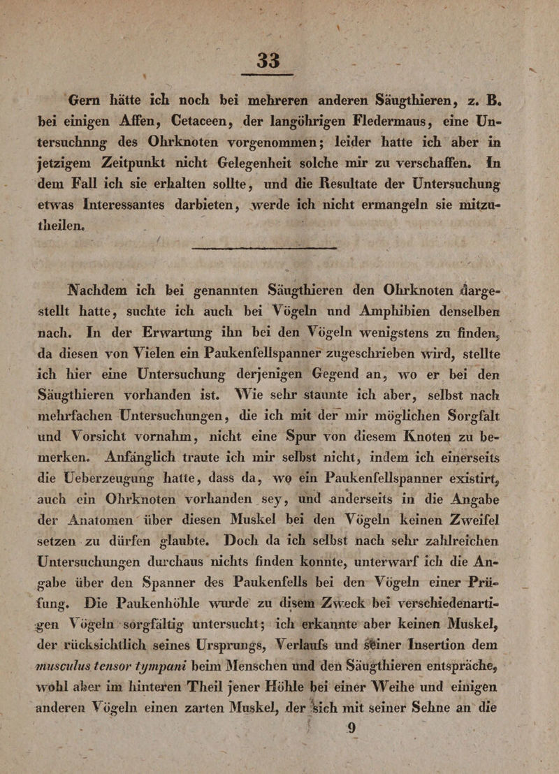 Gern hatte ich noch bei mehreren anderen Säugthieren, z. B. bei einigen Affen, Cetaceen, der langöhrigen Fledermaus, eine Un- tersuchnng des Ohrknoten vorgenommen; leider hatte ich aber in jetzigem Zeitpunkt nicht Gelegenheit solche mir zu verschaffen. In dem Fall ich sie erhalten sollte, und die Resultate der Untersuchung etwas Interessantes darbieten, werde ich nicht ermangeln sie mitzn- theilen. Nachdem ich bei genannten Säugthieren den Ohrknoten darge¬ stellt hatte, suchte ich auch bei Vögeln und Amphibien denselben nach. In der Erwartung ihn bei den Vögeln wenigstens zu finden, da diesen von Vielen ein Paukenfellspanner zugeschrieben wird, stellte ich hier eine Untersuchung derjenigen Gegend an, wo er bei den Säugthieren vorhanden ist. Wie sehr staunte ich aber, selbst nach mehrfachen Untersuchungen, die ich mit der mir möglichen Sorgfalt und Vorsicht vornahm, nicht eine Spur von diesem Knoten zu be¬ merken. Anfänglich traute ich mir selbst nicht, indem ich einerseits die Ueberzeugung hatte, dass da, wo ein Paukenfellspanner existirt, auch ein Ohrknoten vorhanden sey, und anderseits in die Angabe der Anatomen über diesen Muskel bei den Vögeln keinen Zweifel setzen zu dürfen glaubte. Doch da ich selbst nach sehr zahlreichen Untersuchungen durchaus nichts finden konnte, unterwarf ich die An¬ gabe über den Spanner des Paukenfells bei den Vögeln einer Prü¬ fung. Die Paukenhöhle wurde zu diseni Zweck bei verschiedenarti¬ gen Vögeln sorgfältig untersucht ; ich erkannte aber keinen Muskel, der rücksichtlich seines Ursprungs, Verlaufs und seiner Insertion dem muscuhis tensor tympani beim Menschen und den Säugthieren entspräche, wohl aber im hinteren Theil jener Höhle bei einer Weihe und einigen anderen Vögeln einen zarten Muskel, der fcich mit seiner Sehne an die f 9