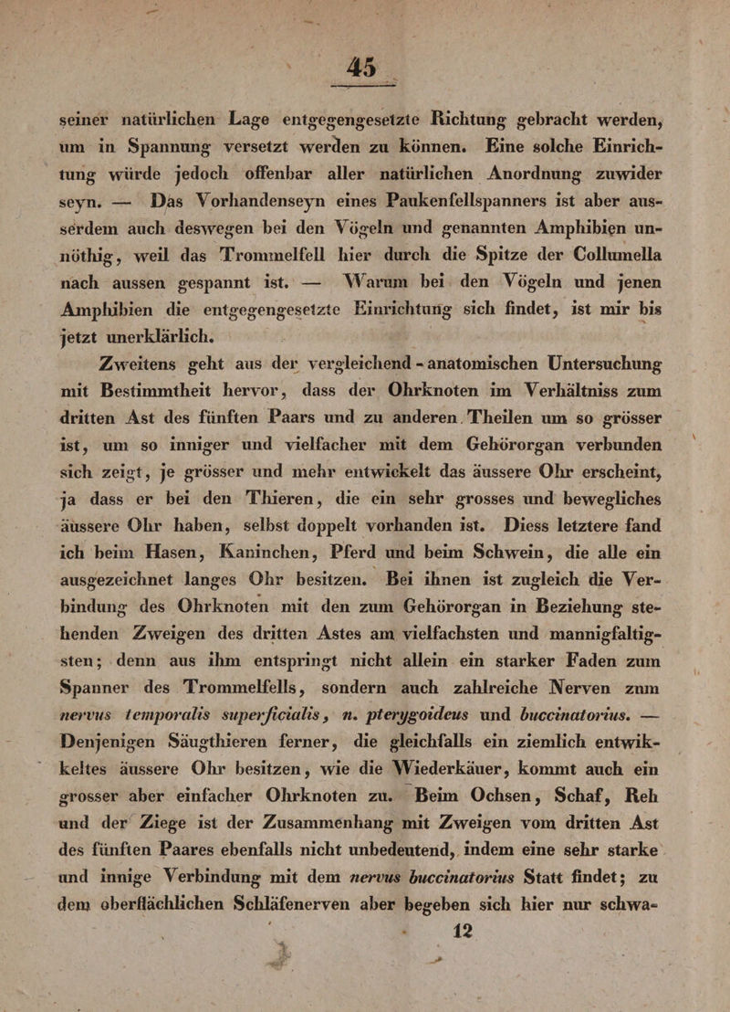 seiner natürlichen Lage entgegengesetzte Richtung gebracht werden, um in Spannung versetzt werden zu können. Eine solche Einrich¬ tung würde jedoch offenbar aller natürlichen Anordnung zuwider seyn. — Das Vorhandenseyn eines Paukenfellspanners ist aber aus¬ serdem auch deswegen bei den Vögeln und genannten Amphibien un- nöthig, weil das Trommelfell hier durch die Spitze der Collumella nach aussen gespannt ist. — Warum bei den Vögeln und jenen Amphibien die entgegengesetzte Einrichtung sich findet, ist mir bis jetzt imerklärlich. Zweitens geht aus der vergleichend - anatomischen Untersuchung mit Bestimmtheit hervor, dass der Ohrknoten im Verhaltniss zum dritten Ast des fünften Paars und zu anderen Theilen um so grösser ist, um so inniger und vielfacher mit dem Gehörorgan verbunden sich zeigt, je grösser und mehr entwickelt das äussere Ohr erscheint, ja dass er bei den Thieren, die ein sehr grosses und bewegliches äussere Ohr haben, selbst doppelt vorhanden ist. Diess letztere fand ich beim Hasen, Kaninchen, Pferd und beim Schwein, die alle ein ausgezeichnet langes Ohr besitzen. Bei ihnen ist zugleich die Ver« bindung des Ohrknoten mit den zum Gehörorgan in Beziehung ste¬ henden Zweigen des dritten Astes am vielfachsten und mannigfaltig¬ sten ; denn aus ihm entspringt nicht allein ein starker Faden zum Spanner des Trommelfells, sondern auch zahlreiche Nerven zum nervus temporalis superficialis > n. pterygoideus und buccinalorius. — Denjenigen Säugthieren ferner, die gleichfalls ein ziemlich entwik- keltes äussere Ohr besitzen, wie die Wiederkäuer, kommt auch ein grosser aber einfacher Ohrknoten zu. Beim Ochsen, Schaf, Reh und der Ziege ist der Zusammenhang mit Zweigen vom dritten Ast des fiüiften Paares ebenfalls nicht unbedeutend, indem eine sehr starke und innige Verbindung mit dem nervus buccinatorius Statt findet; zu dem oberflächlichen Schläfenerven aber begeben sich hier nur schwa»