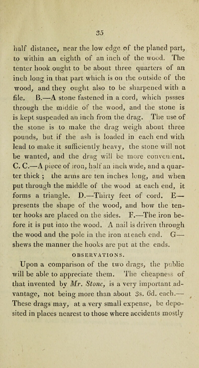 half distance, near the low edge of the planed part, to within an eighth of an inch of the wood. The tenter hook ought to be about three quarters of an inch long in that part which is on the outside of the wood, and they ought also to be sharpened with a file. B.—A stone fastened in a cord, which pssses through the middle of the wood, and the stone is is kept suspended an inch from the drag. The use of the stone is to make the drag weigh about three pounds, but if the ash is loaded in each end with, lead to make it sufficiently heavy, the stone will not be wanted, and the drag will be more conven enl. C. C.—A piece of iron, half an inch wide, and a quar¬ ter thick ; the arms are ten inches long, and when put through the middle of the wood at each end, it forms a triangle. D.—Thirty feet of cord. E— presents the shape of the wood, and how the ten¬ ter hooks are placed on the sides. F.—The iron be¬ fore it is put into the wood. A nail is driven through the wood and the pole in the iron at each end. G—■ shews the manner the hooks are put at the ends. OBSERVATIONS. Upon a comparison of the two drags, the public will be able to appreciate them. The cheapness of that invented by Mr. Stone, is a very important ad¬ vantage, not being more than about 3s. 6d. each.— These drags may, at a very small expense, be depo¬ sited in places nearest to those where accidents mostly