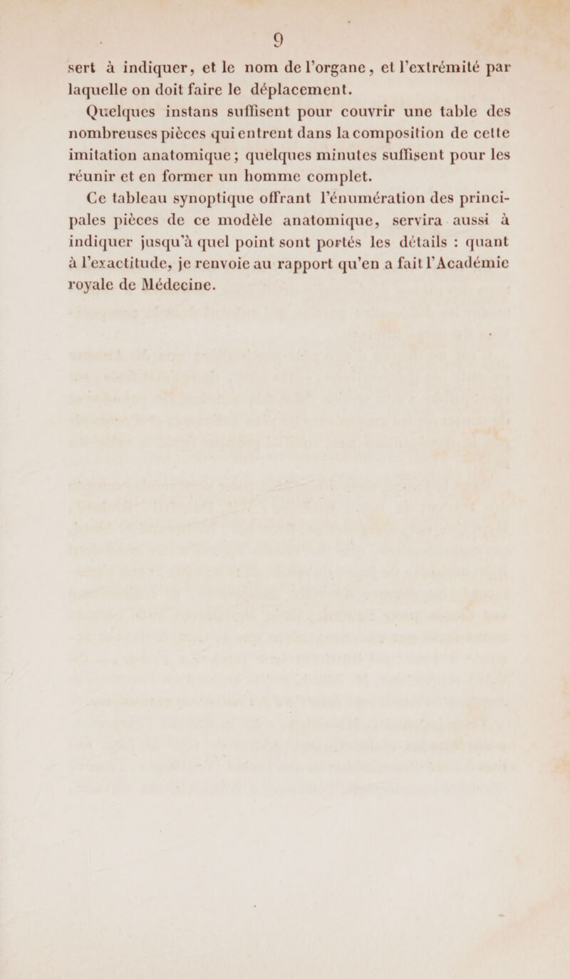 sert à indiquer, et le nom de l’organe, et l’extrémité par laquelle on doit faire le déplacement. Quelques instans suffisent pour couvrir une table des nombreuses pièces qui entrent dans la composition de cette imitation anatomique; quelques minutes suffisent pour les réunir et en former un homme complet. Ce tableau synoptique offrant l’énumération des princi¬ pales pièces de ce modèle anatomique, servira aussi à indiquer jusqu'à quel point sont portés les détails : quant à l’exactitude, je renvoie au rapport qu’en a fait l’Académie royale de Médecine.