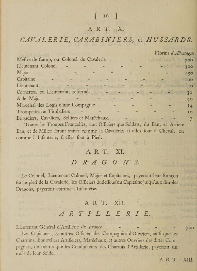 [ 1° ] A R T. X. CAVALERIE, CARABINIERS, et HUSSARDS. Florins d'Allemagne. Mettre de Camp, ou Colonel de Cavalerie - 700 Lieutenant Colonel - - 300 Major - - - - - - - 130 Capitaine - ^ - _ - - - 7- joo Lieutenant - - - - - - / - 40 Cornettes, ou Lieutenants reformés - - - 30 Aide Major - - - - - - 40 Maréchal des Logis d’une Compagnie - - - - 14 Trompettes ou Timbaliers - - - - - 10 Brigadiers, Cavaliers, Selliers et Maréchaux. - - 7 Toutes les Troupes Françoifes, tant Officiers que Soldats, du Ban, et Arriéré Ban, et de Milice feront traités comme la Cavalerie, fi elles font à Cheval, ou comme L’Infanterie, fi elles font à Pied. ~ V* f r / 7 A T JC i' ^ f 7 \ i 1 / 1 y - • , . .. . T * - '* ■ ART. XI. D RAG O NS. Le Colonel, Lieutenant Colonel, Major et Capitaines, payeront leur Rançon fur le pied delà Cavaleriè, les Officiers àudeflous du Capitaine jufqu’aux fimples Dragons, payeront comme flnfanterie. ~ A R T. XII. A R r I L L E RIE. Lieutenant Général d’Artillerie de France - Les Capitaines, &amp; autres Officiers des Compagnies d’Ouvriers, ainfi que les Charrons, Bourreliers Artificiers, Maréchaux, et autres Ouvriers des dittes Com¬ pagnies, de meme que les Conducteurs des Charrois d’Artillerie, payeront un mois de leur Solde..