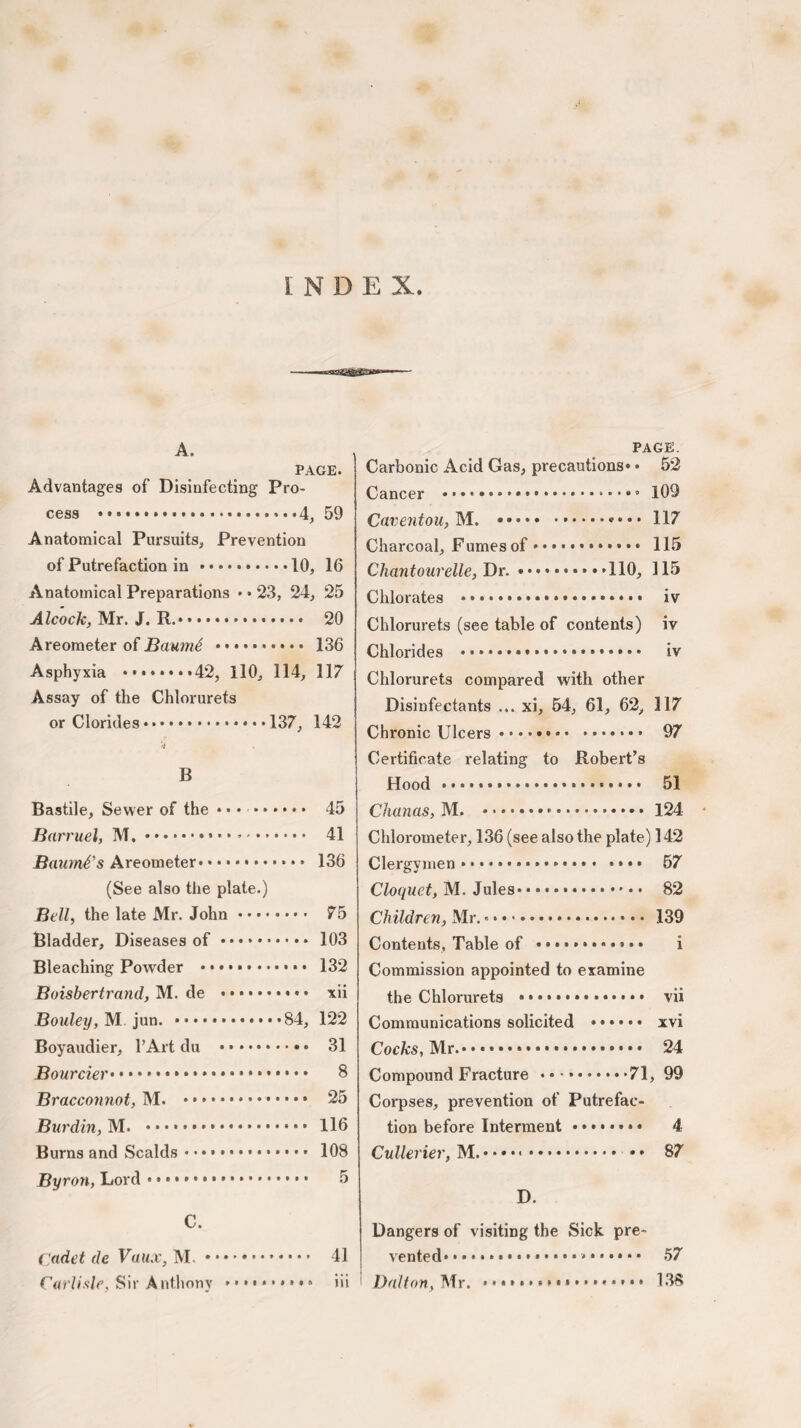 INDEX A. PAGE. Advantages of Disinfecting Pro¬ cess ....4, 59 Anatomical Pursuits, Prevention of Putrefaction in.10, 16 Anatomical Preparations • * 23, 24, 25 Alcock, Mr. J. R.».. 20 Areometer of BaumS .. • • • 136 Asphyxia ..*42, 110, 114, 117 Assay of the Chlorurets or Clorides ♦ • • • ..137, 142 ‘4 B Bastile, Sewer of the • • • . 45 Barruel, M..*. 41 BaumCs Areometer. 136 (See also the plate.) Bell, the late Mr. John • • .. 75 Bladder, Diseases of.. 103 Bleaching Powder • • • ... • • 132 Boisbertrand, M. de .* xii Bouley, M jun. .84, 122 Boyaudier, l’Art du . 31 Bourcier.... • • 8 Bracconnot, M. •••■•••••••••• 25 Burdin, M. •••••••. 116 Burns and Scalds.. 108 Byron, Lord. 5 PAGE. Carbonic Acid Gas, precautions* • 52 Cancer .. 109 Caventou, M. .»••• 117 Charcoal, Fumes of.. 115 Cliantourelle, Dr..110, 115 Chlorates .*. • iv Chlorurets (see table of contents) iv Chlorides . iv Chlorurets compared with other Disinfectants ... xi, 54, 61, 62, 117 Chronic Ulcers. 97 Certificate relating to Robert’s Hood .*. 51 Chanas, M. .. *.124 Chlorometer, 136 (see also the plate) 142 Clergymen •. 67 Cloquet, M. Jules. 82 Children, Mr. *.... • • 139 Contents, Table of . i Commission appointed to examine the Chlorurets .. vii Communications solicited ...... xvi Cocks, Mr.. 24 Compound Fracture • * *.71, 99 Corpses, prevention of Putrefac¬ tion before Interment. 4 Cullerier, M. * • * • .. 87 D. 41 Dangers of visiting the Sick pre vented... ... iii Dalton, Mr. C. Cadet de Vaux, M. * Carlisle, Sir Anthony 57 138